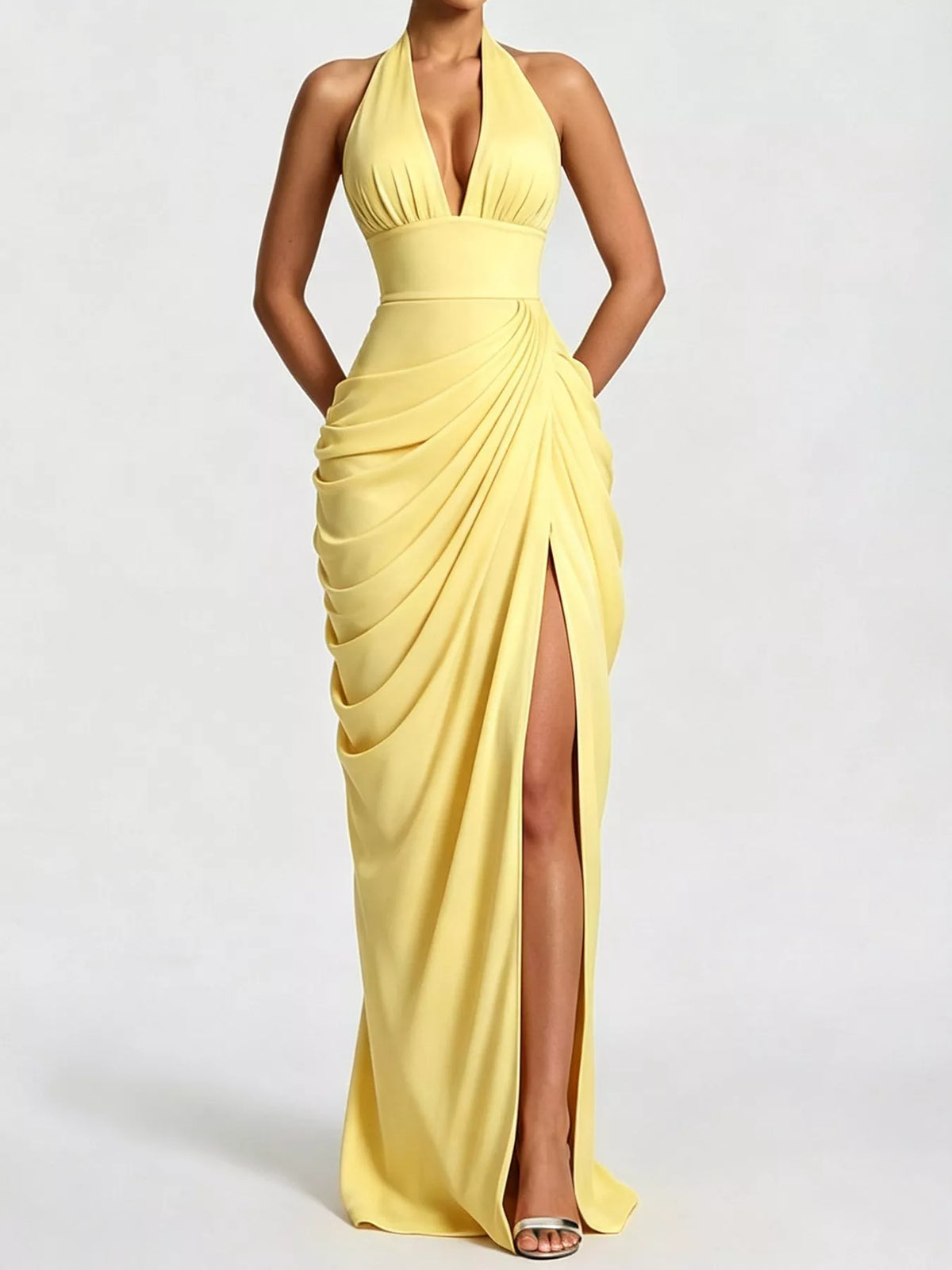 Yellow halter neck high-slit maxi evening dress — front view