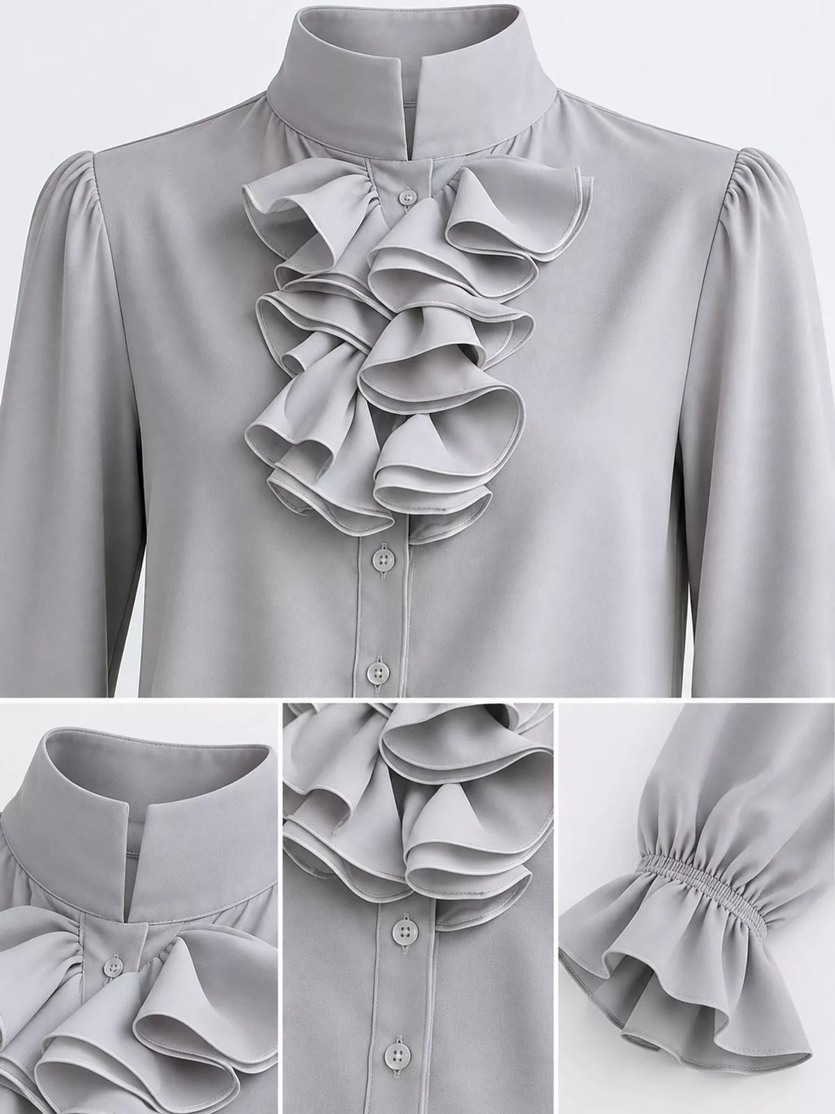 Ruffled Stand-Collar Blouse with Long Lantern Sleeves, collar cuff and placket detail