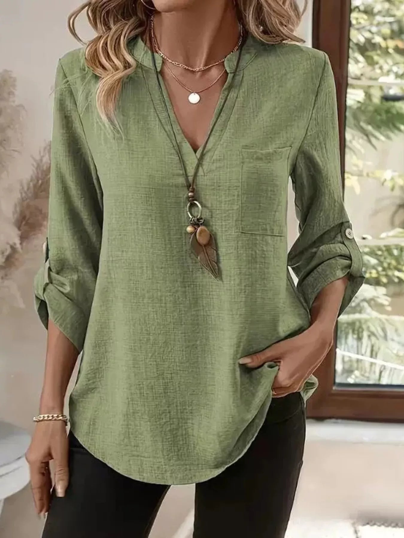 Trendsi Casual V-Neck Roll-Sleeve T-Shirt with Pocket -
