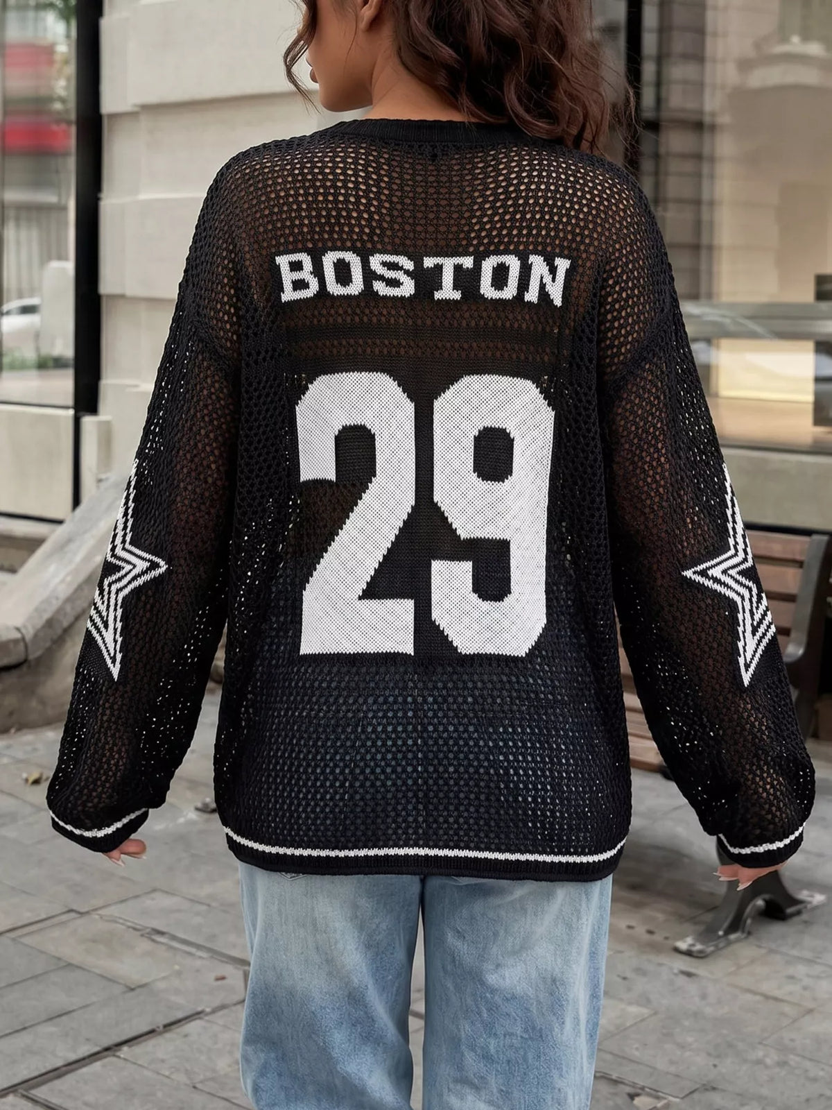 Women's Number 29 Openwork Knit Jersey Sweater in Dark Navy, front view