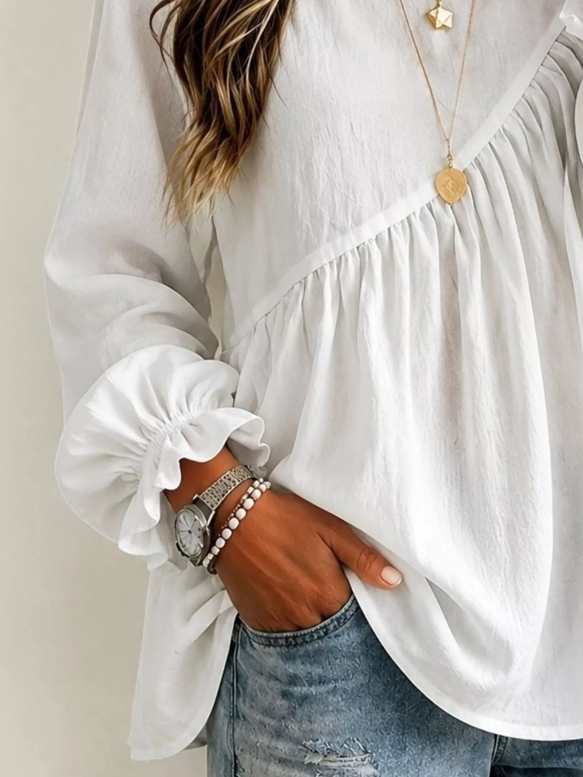 Trendsi Long Sleeve Blouse with Asymmetric Pleated Detail -