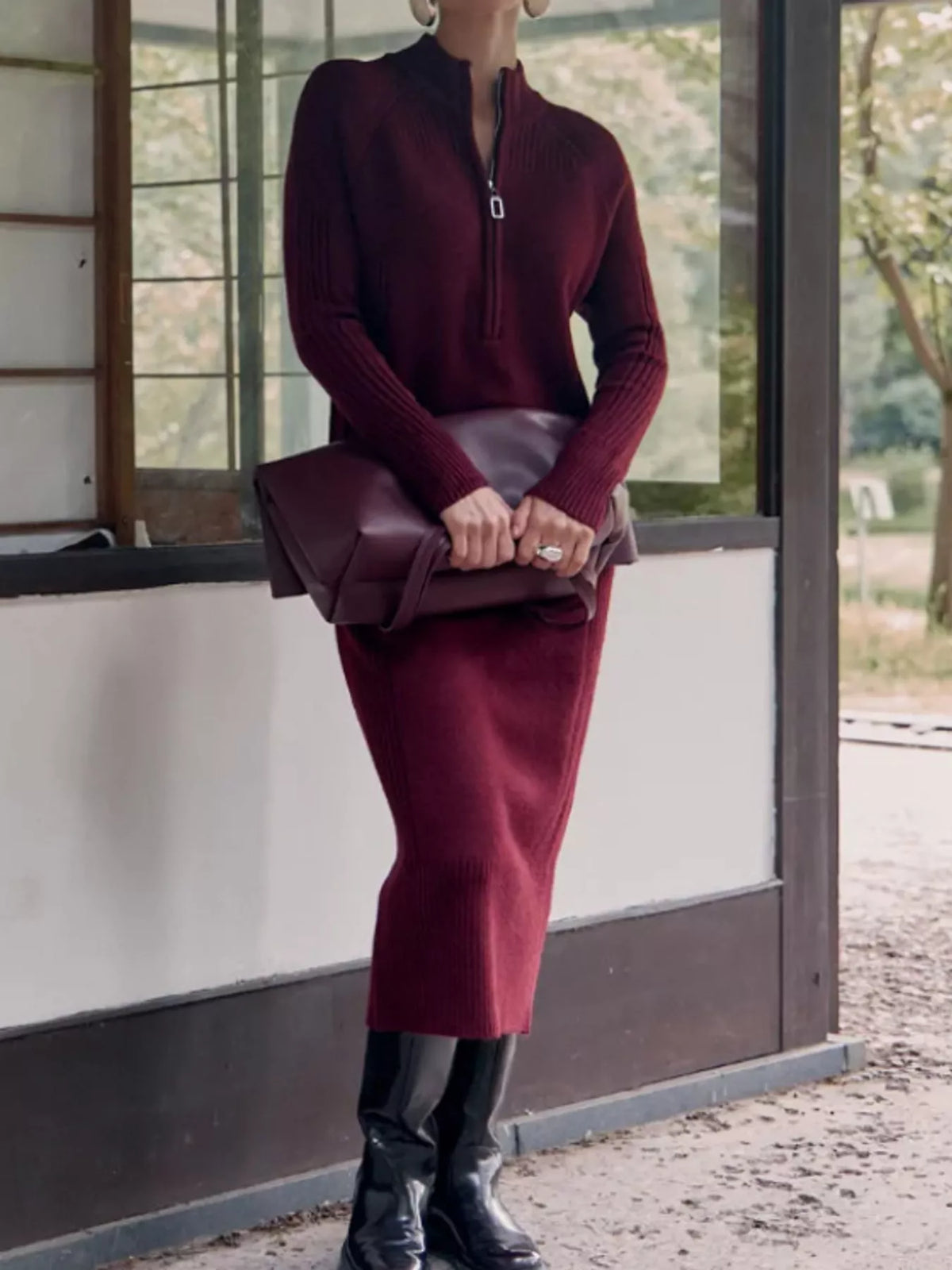 Burgundy half-zip ribbed knit sweater dress — front view
