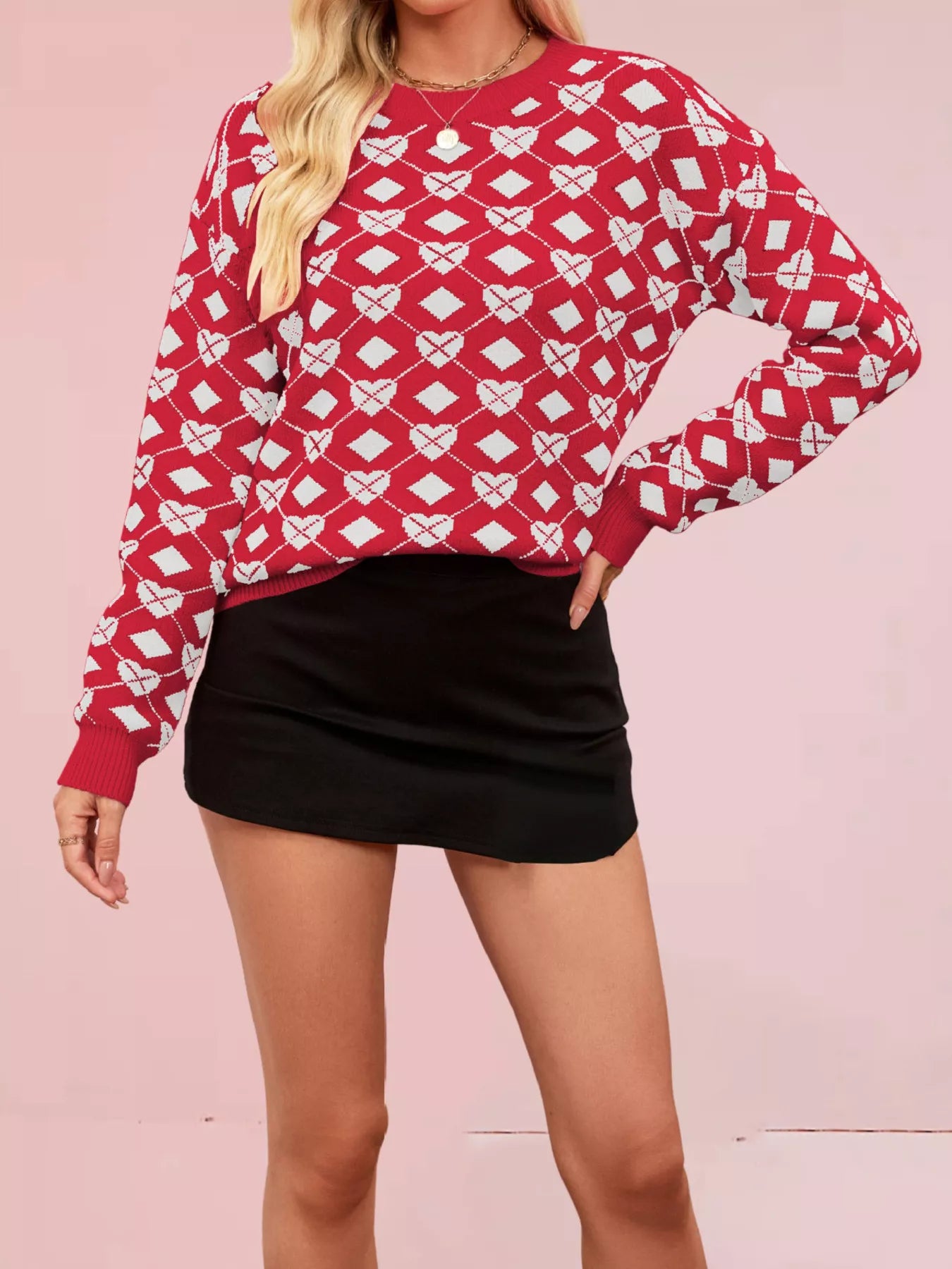 Trendsi Heart Pattern Argyle Knit Long Sleeve Sweater -