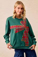 Trendsi BiBi Plaid Ribbon Bow Detail Christmas Fleece Pullover -