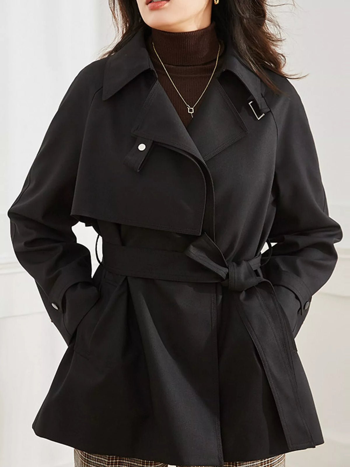 Double-Breasted Tie Waist Trench Coat in black
