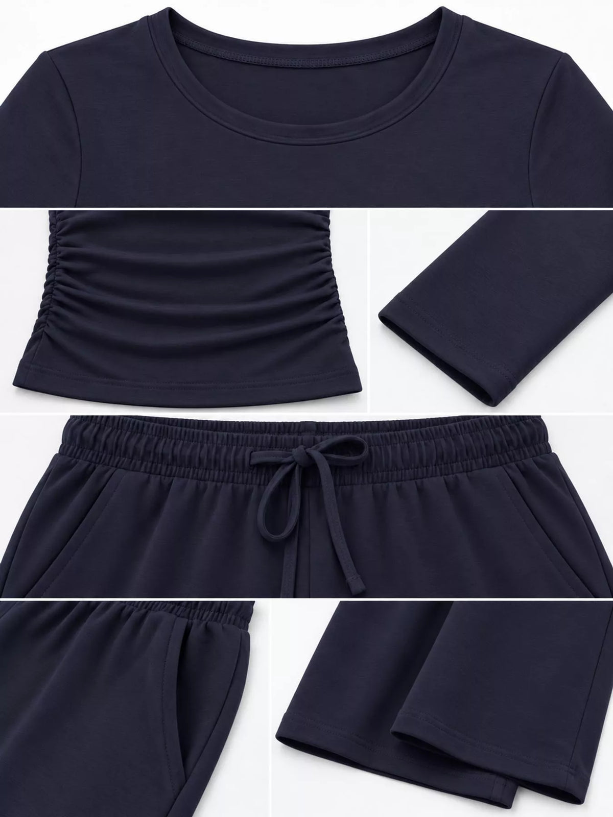 Long Sleeve Ruched Top and Wide-Leg Drawstring Pants Set — construction details