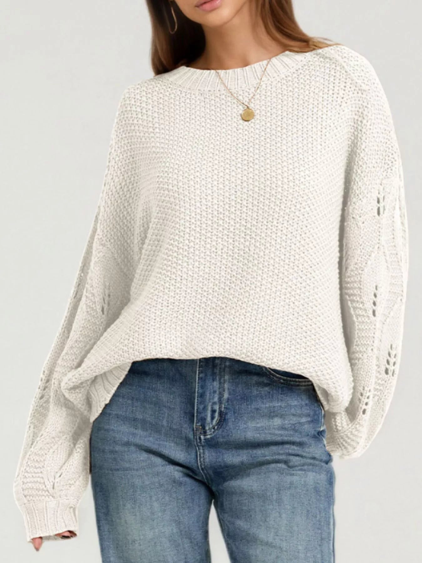 Trendsi Textured Knit Openwork Dropped Shoulder Sweater -