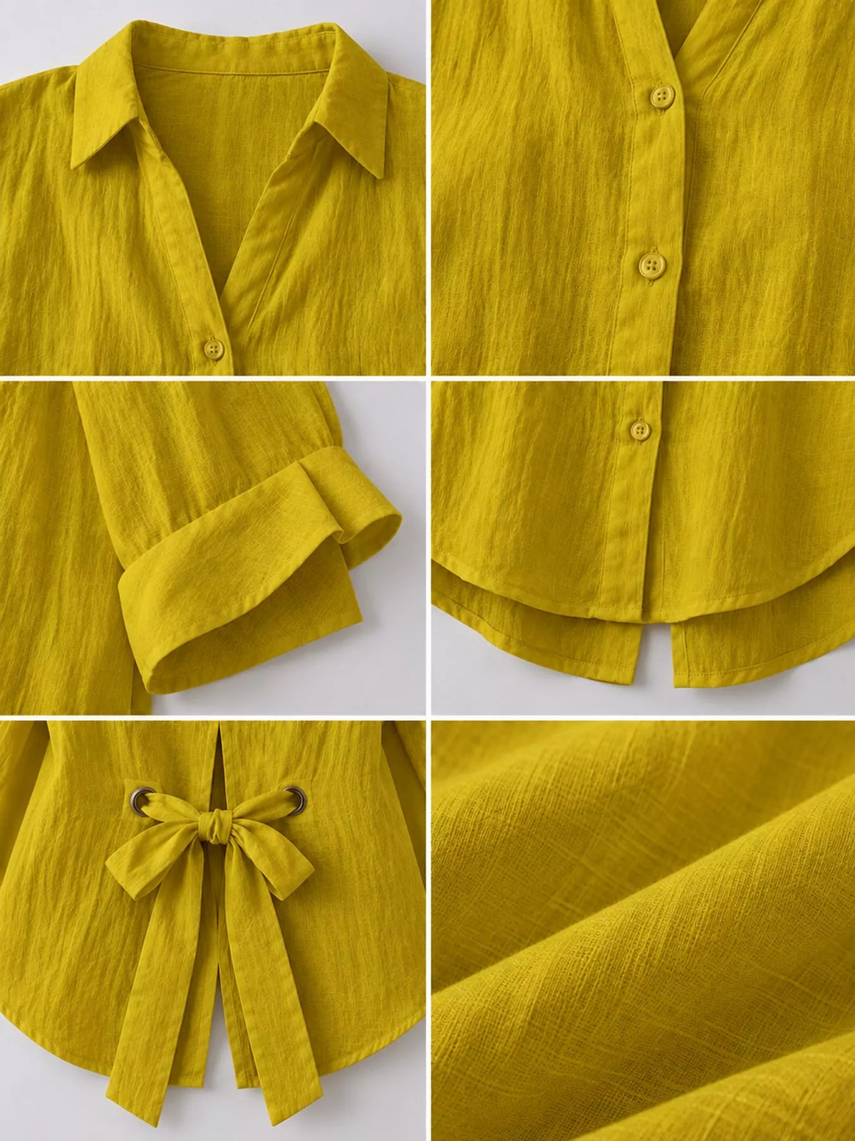 Yellow loose fit tie back shirt, detail view