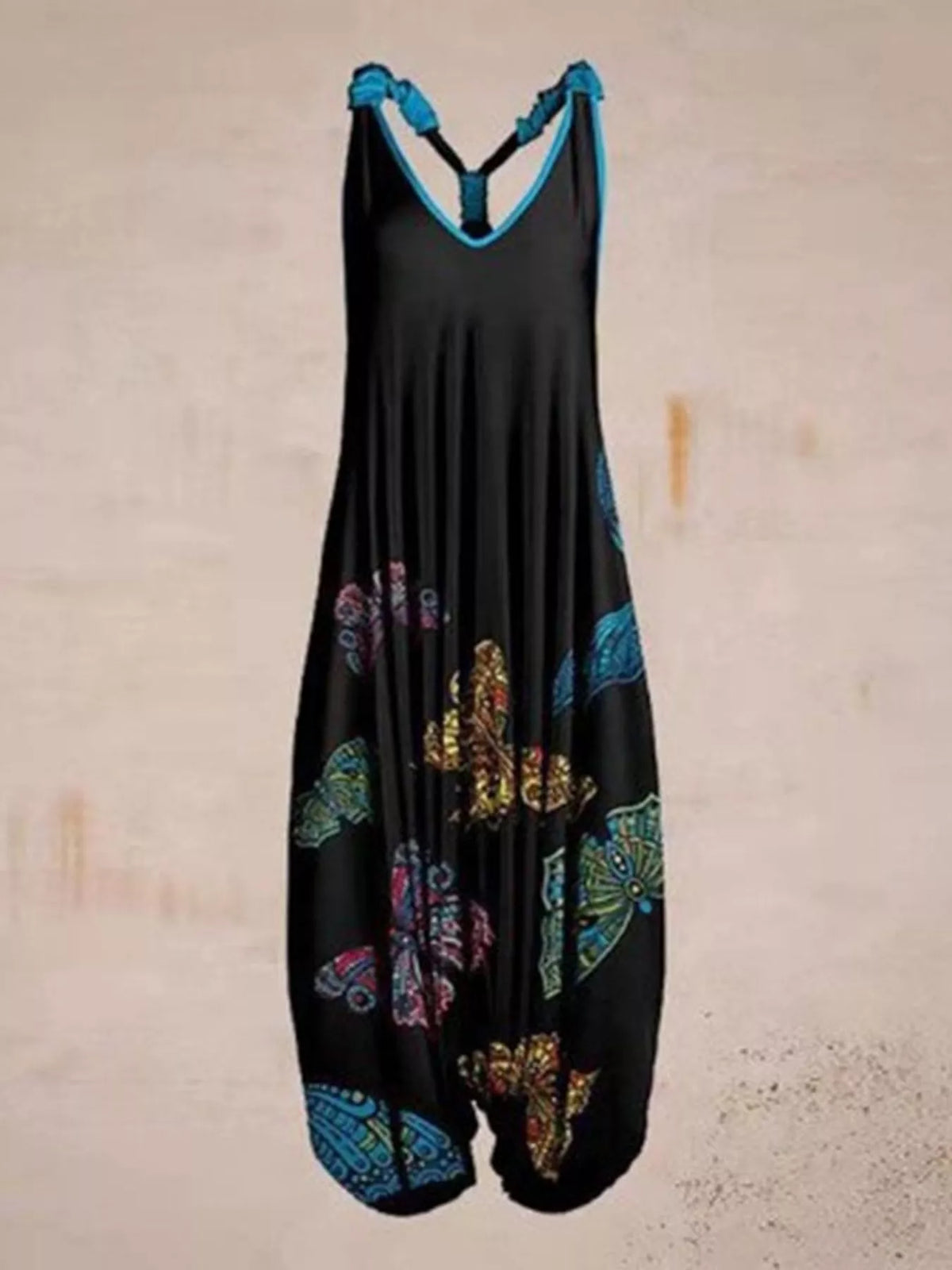 Black butterfly-print V-neck sleeveless jumpsuit