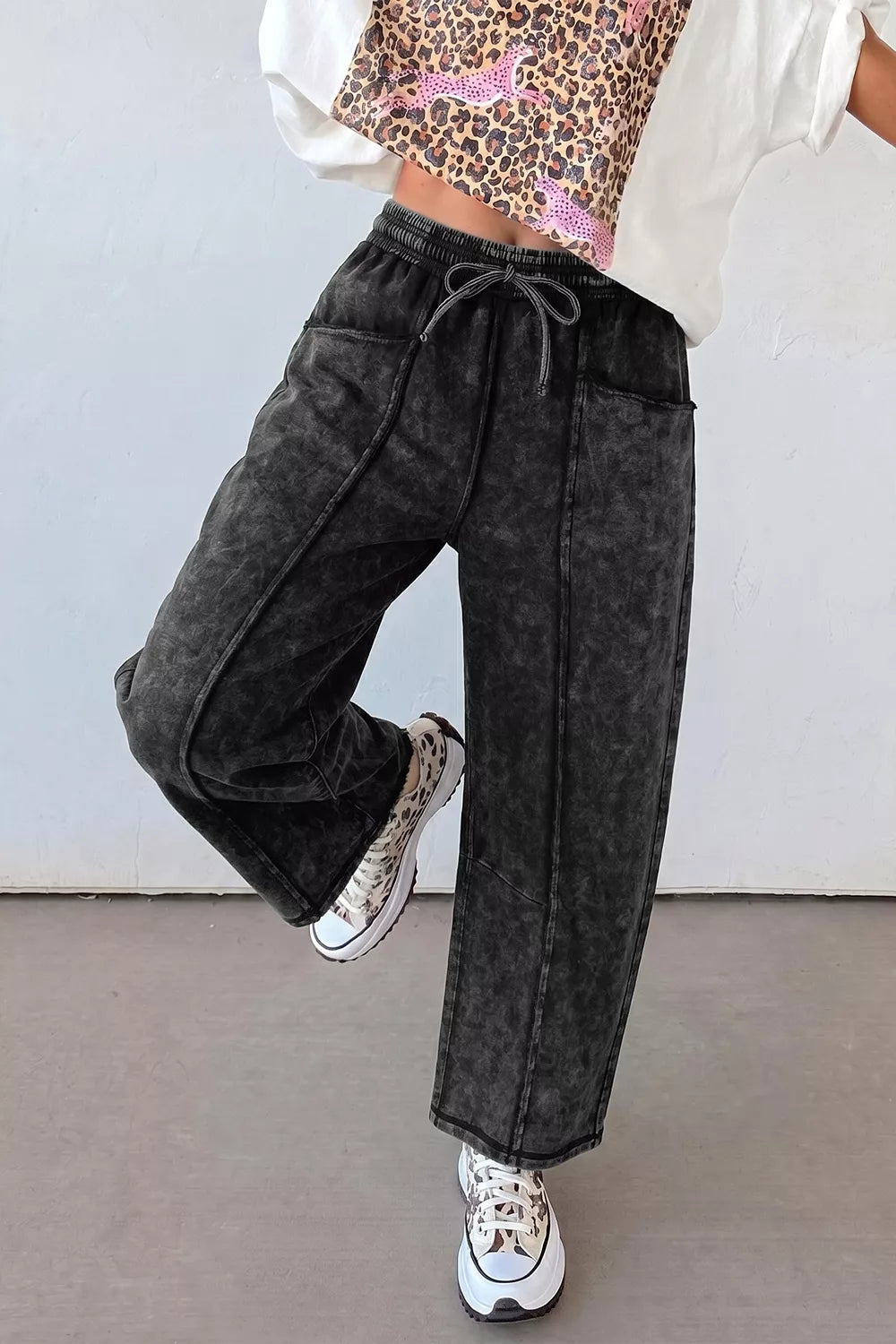 Trendsi Mineral Wash Raw Seam Drawstring Elastic Waist Barrel Pants -