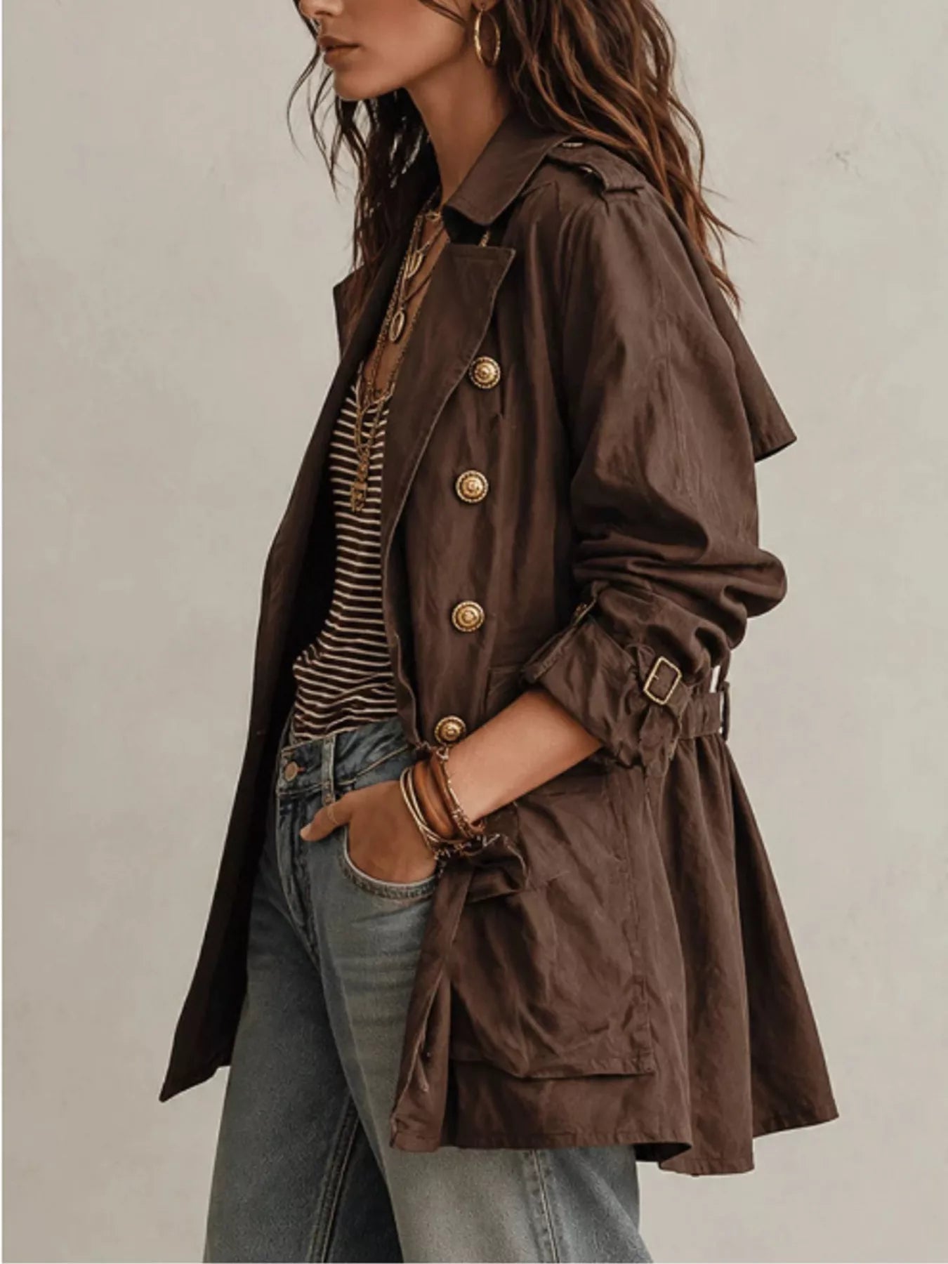 Trendsi Double-Breasted Belt Trench Coat -