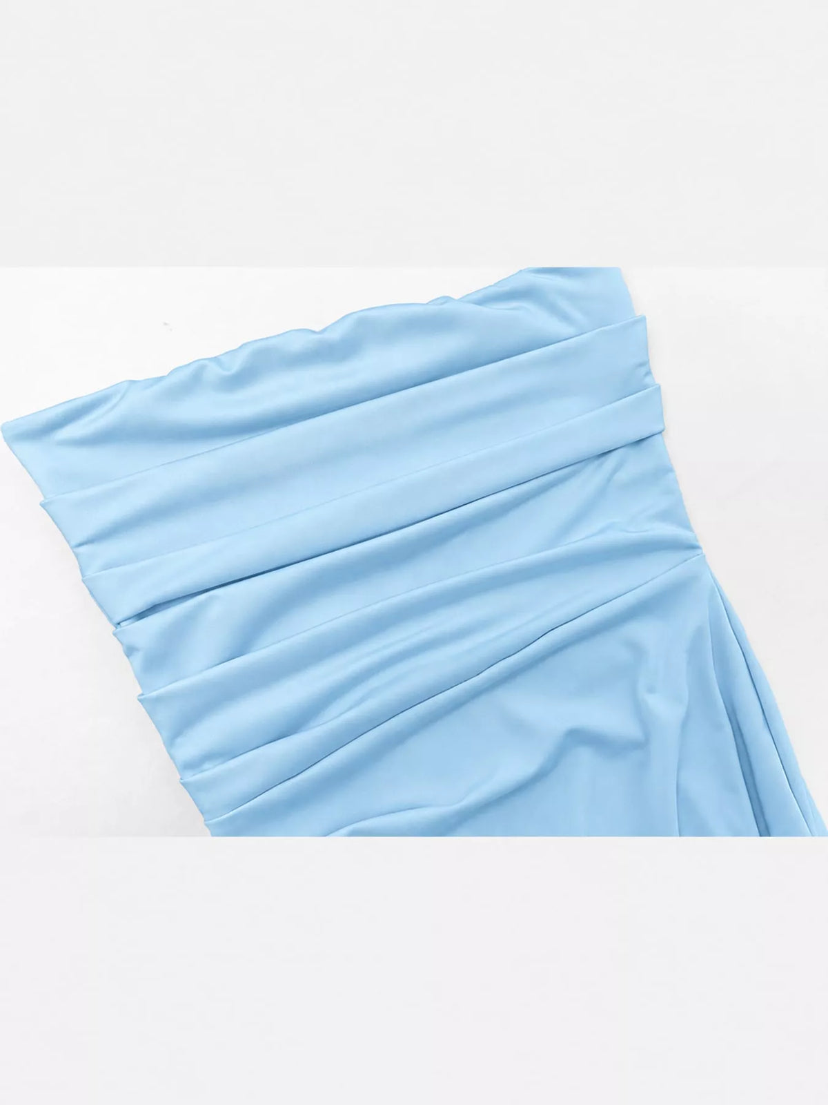 Light blue strapless high slit bodycon maxi evening dress, detail view