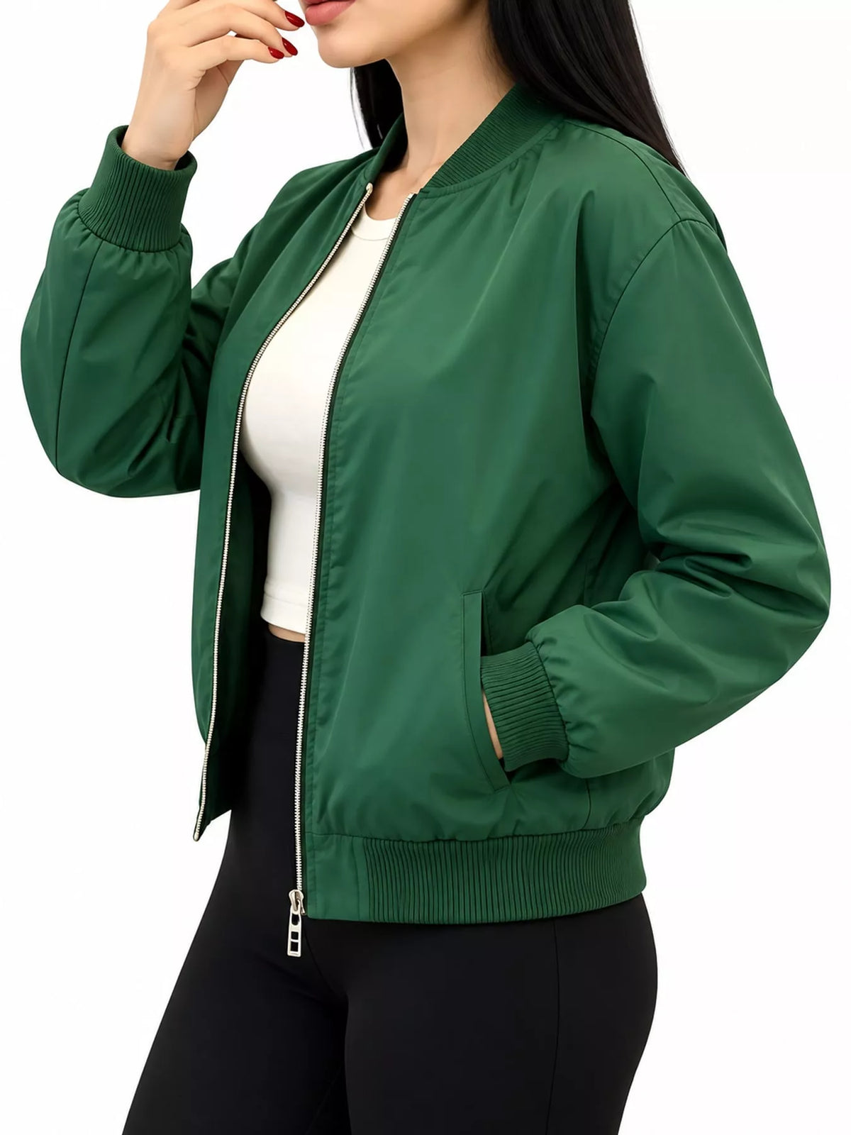 Green zip-up bomber jacket
