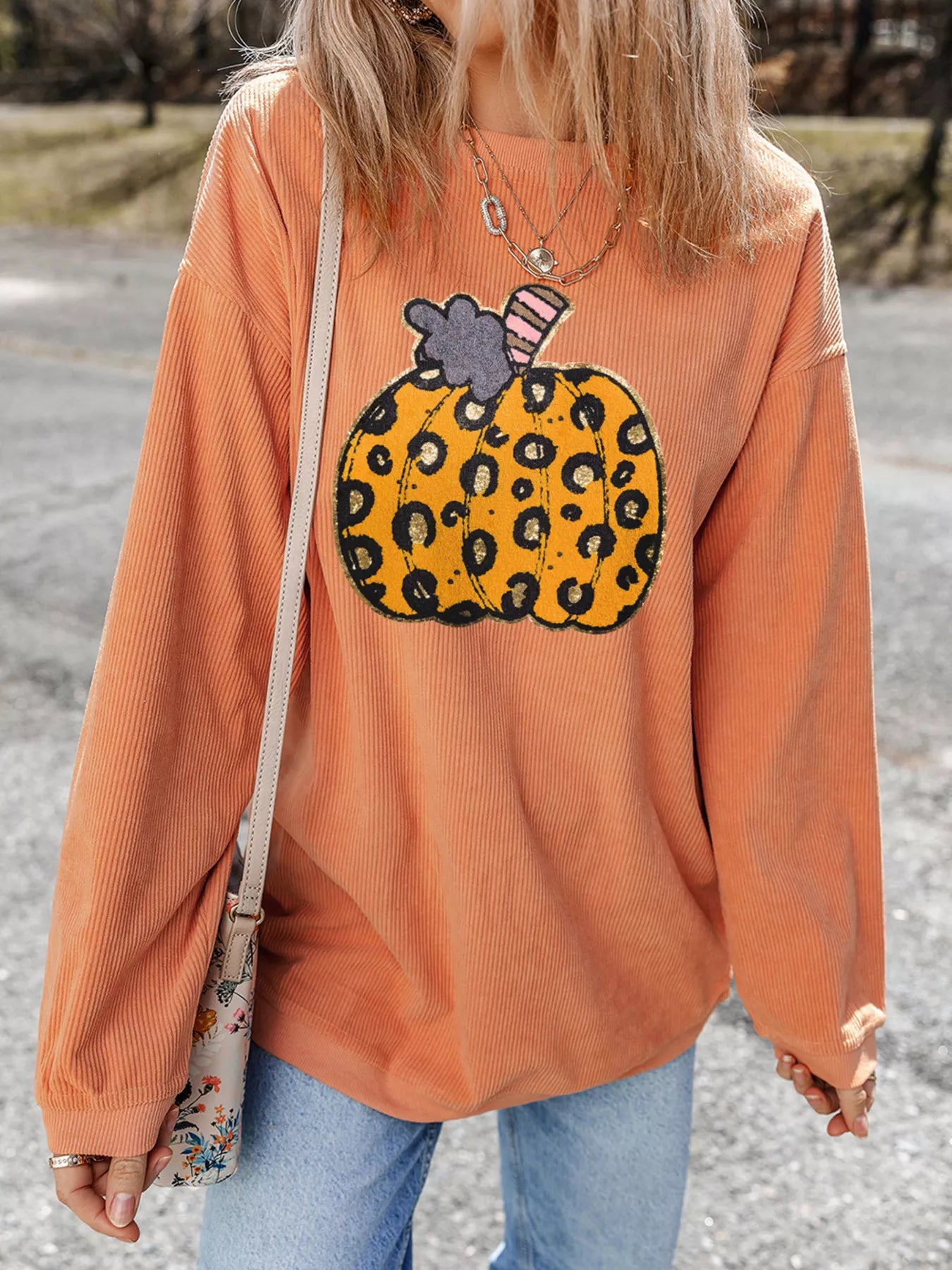 Trendsi Halloween Leopard Pumpkin Patchwork Ribbed Sweatshirt -