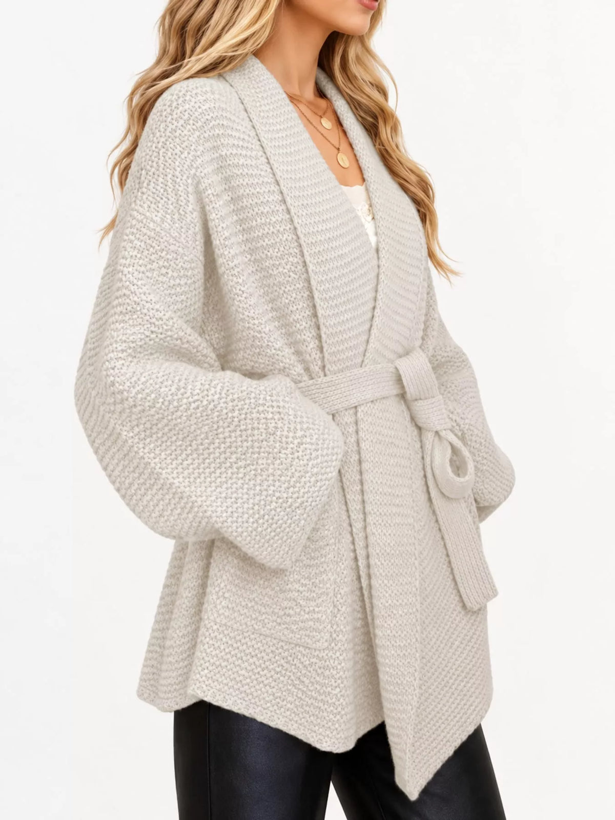 Belted cardigan, cream side