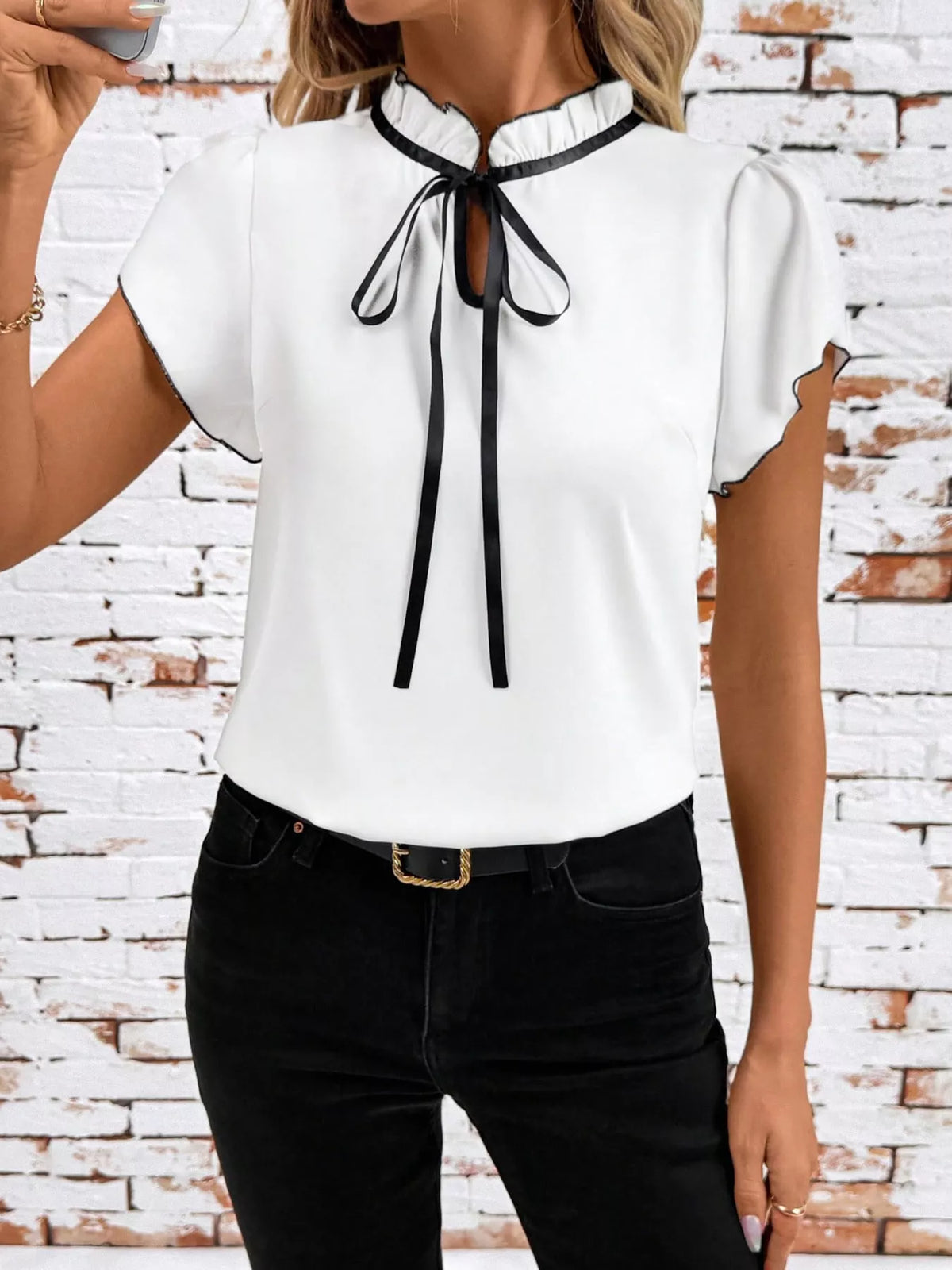 Contrast Trim Ruffle Sleeve Tie-Front Blouse in white and black