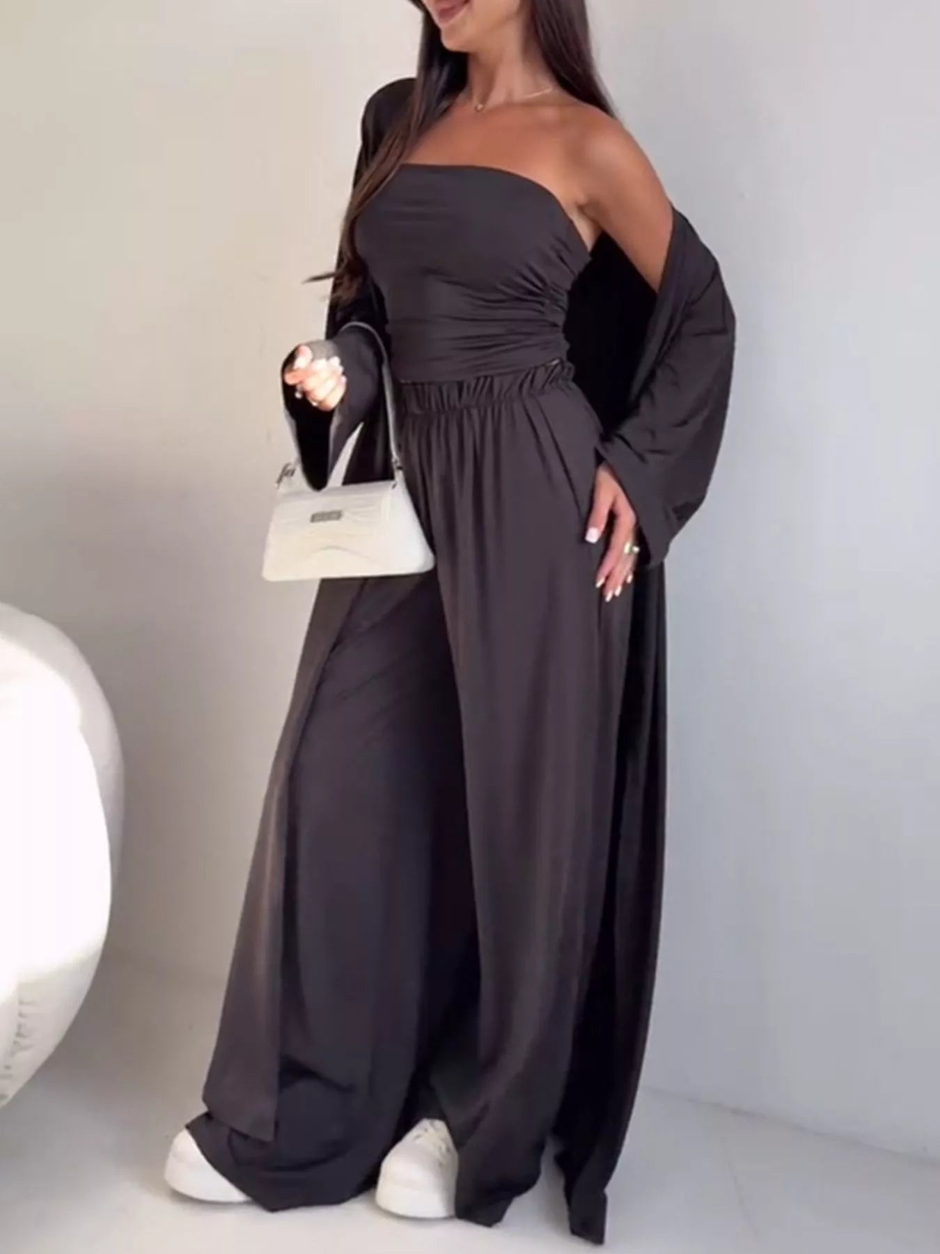 Trendsi Chic Strapless Ruched Crop Top and Wide-Leg Pants with Cardigan 3-Piece Set -
