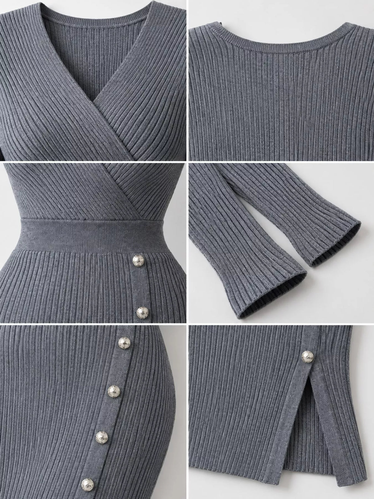 Gray decorative button ribbed knit sweater dress, detail view