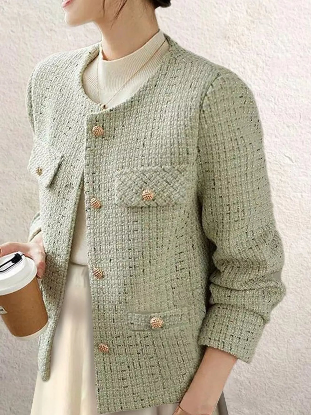 Textured Jacket with Gold-Tone Button Accents in light green