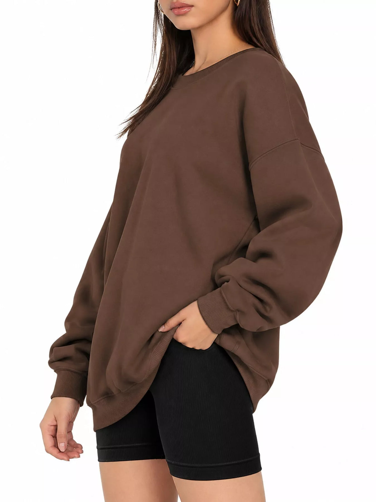 Ribbed Trim Crew Neck Sweatshirt in brown, side view