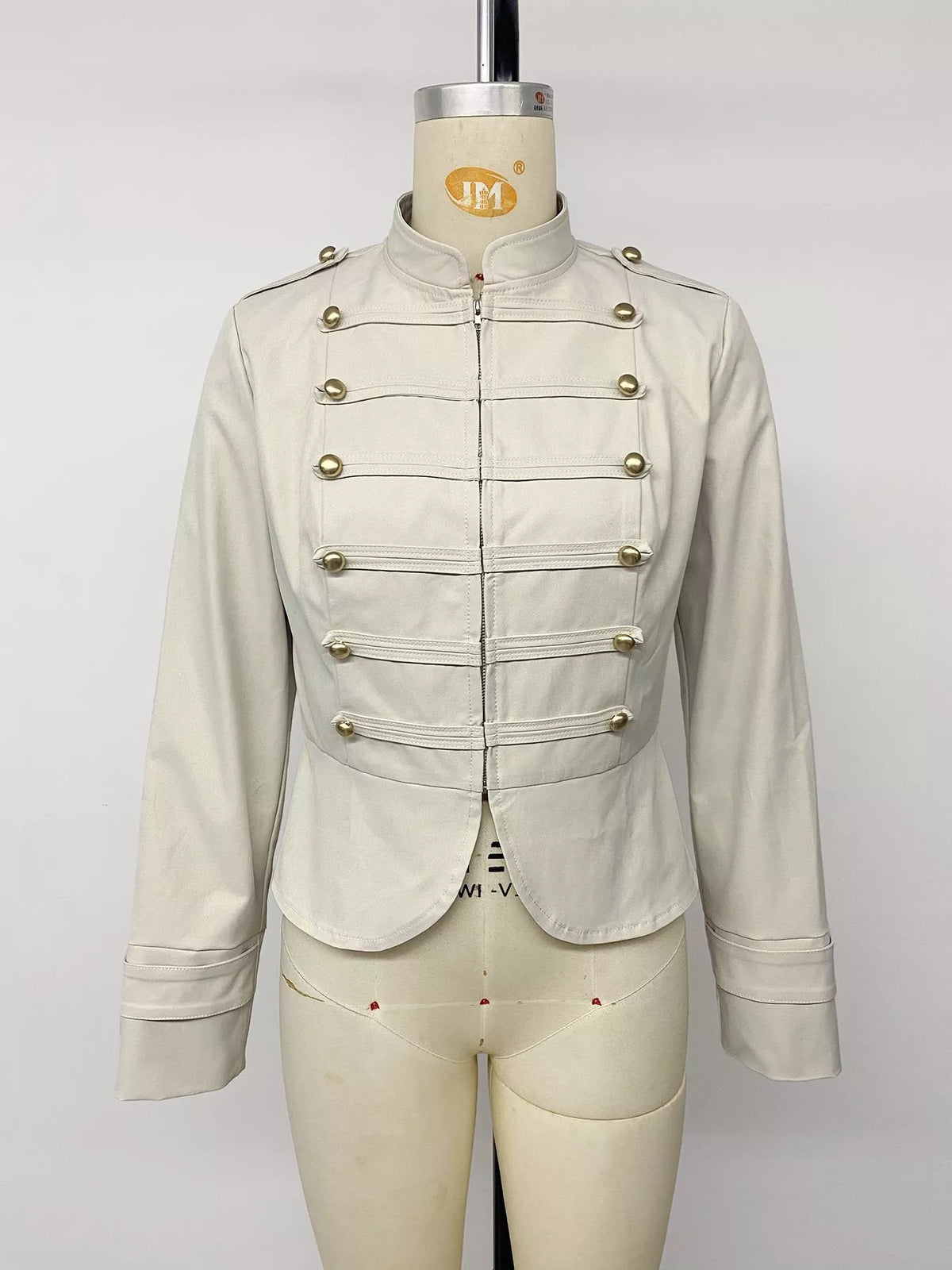 Apricot zip-up cropped jacket, front on mannequin