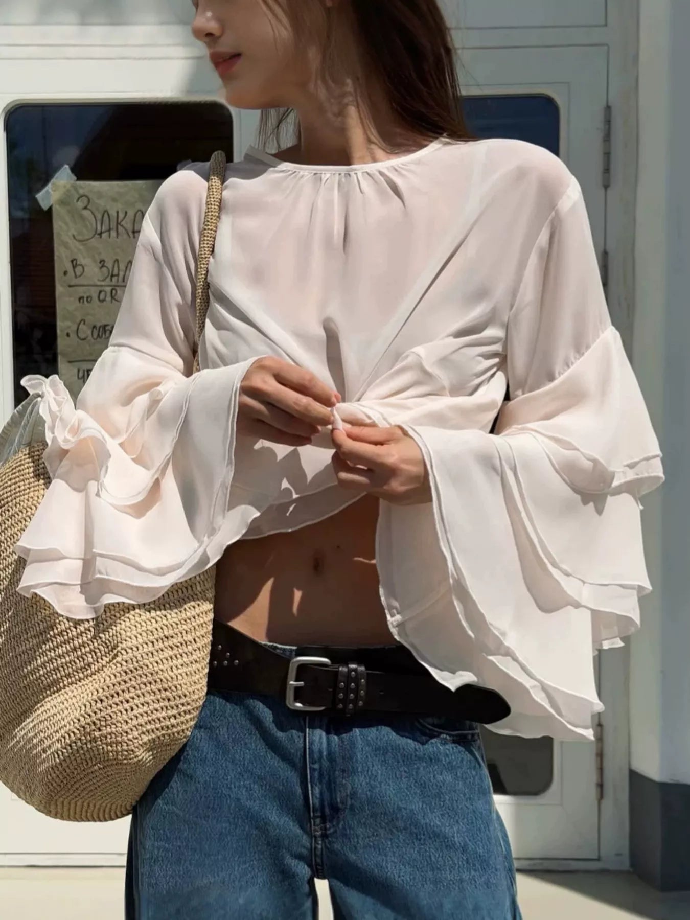 Trendsi Layered Ruffled Hem Flare Sleeves Blouse -