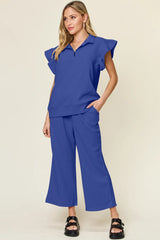 Trendsi Double Take Texture Ruffle Short Sleeve Top and Drawstring Wide Leg Pants Set -
