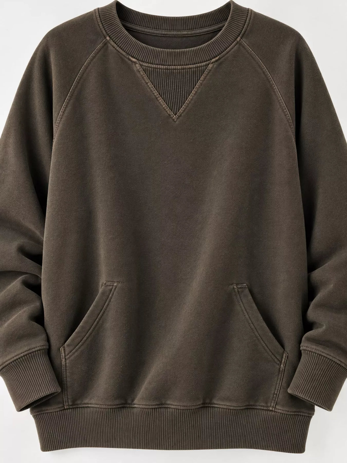 Brown crew neck raglan sleeve sweatshirt, front view with kangaroo pocket