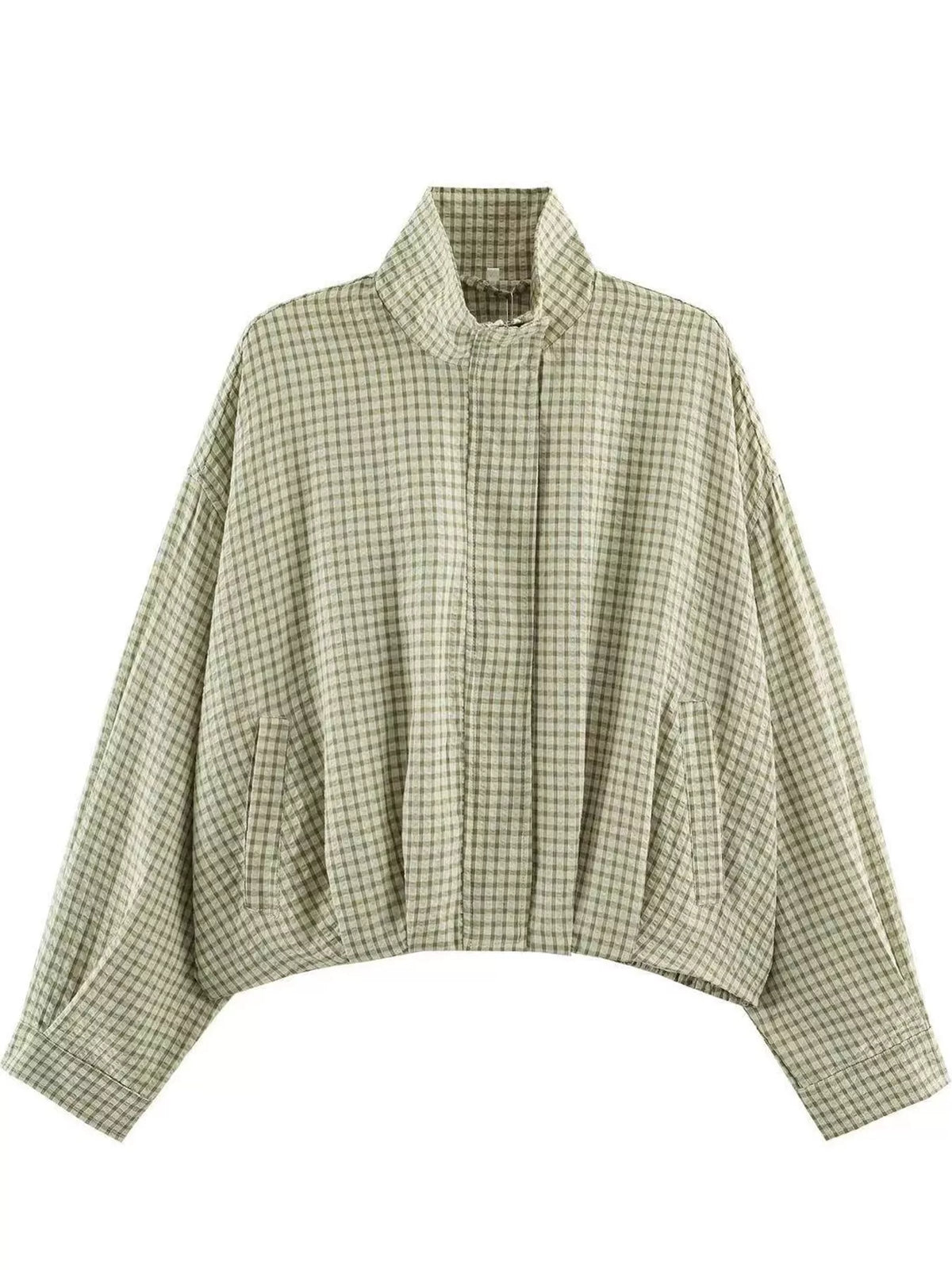 Grass Green plaid stand-collar cropped jacket