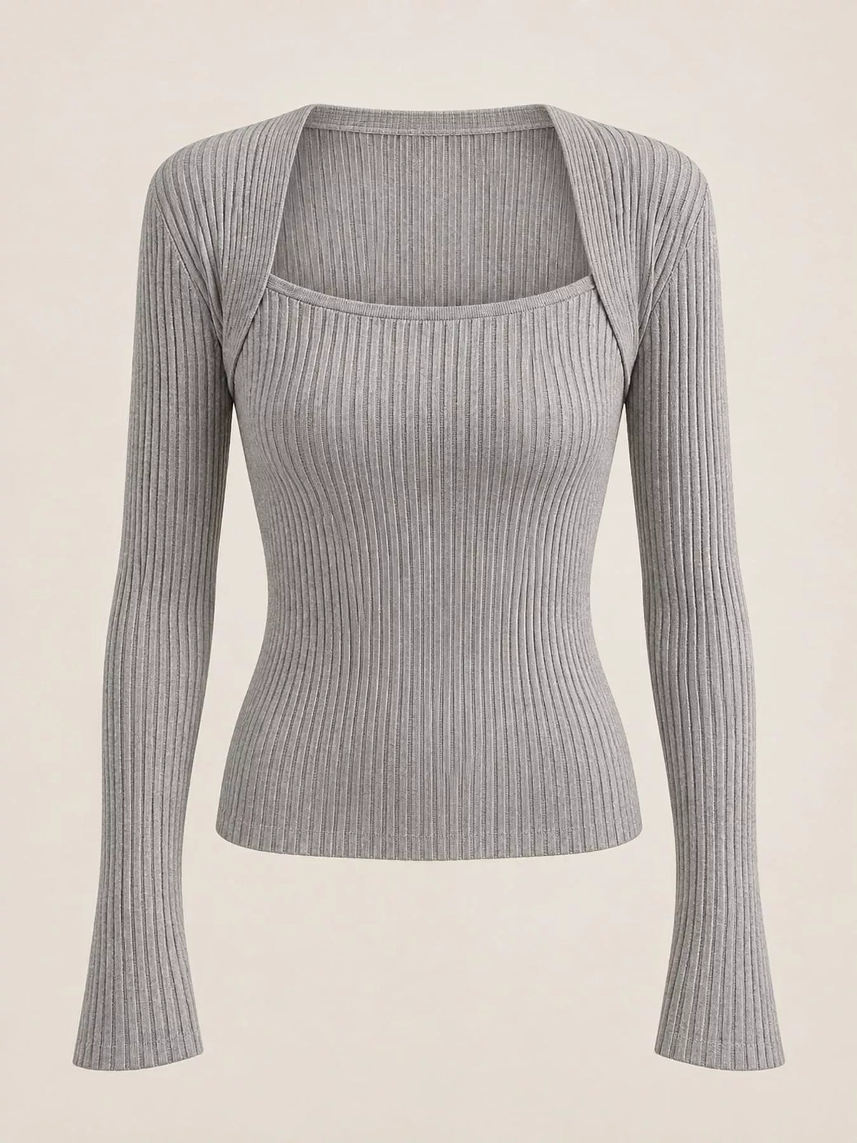 Gray square neck ribbed knit slim-fit top