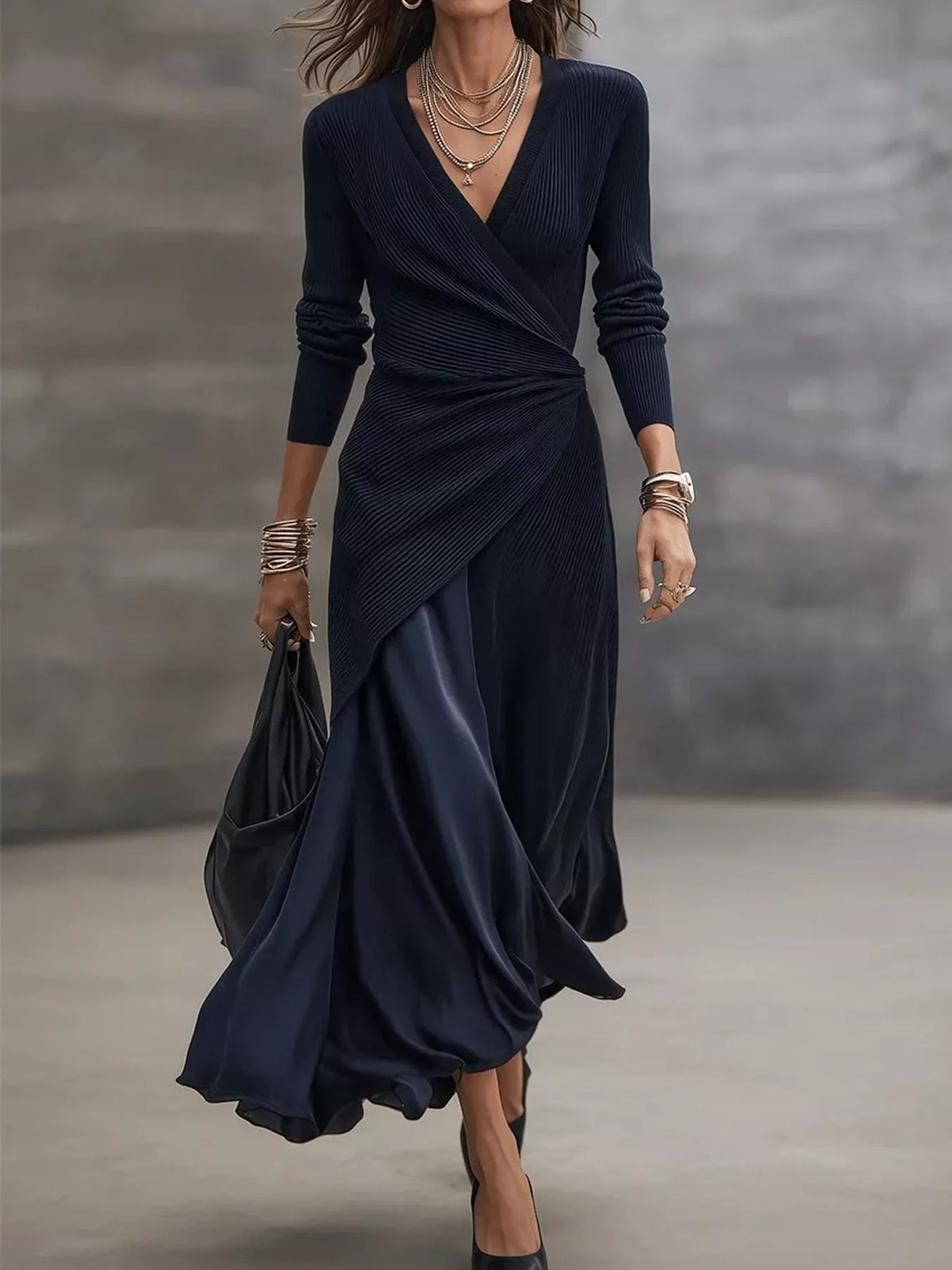Navy surplice long sleeve midi dress, front view