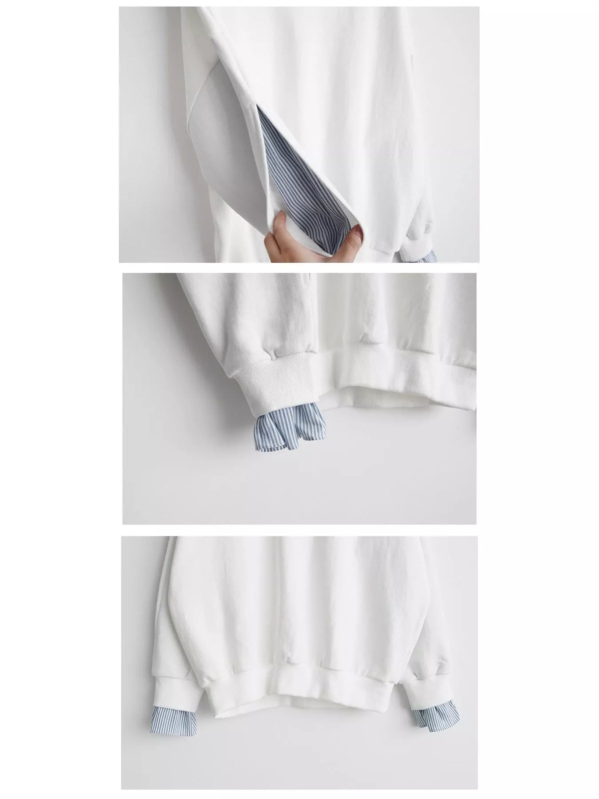 White crewneck sweatshirt with striped ruffle cuffs, detail view