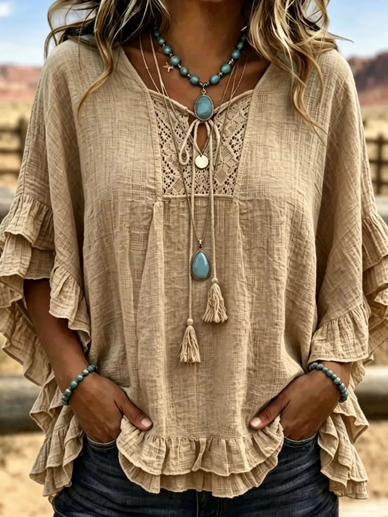 Trendsi Full Size Tassel Tie Neck Ruffled Hem Blouse Plus Size -