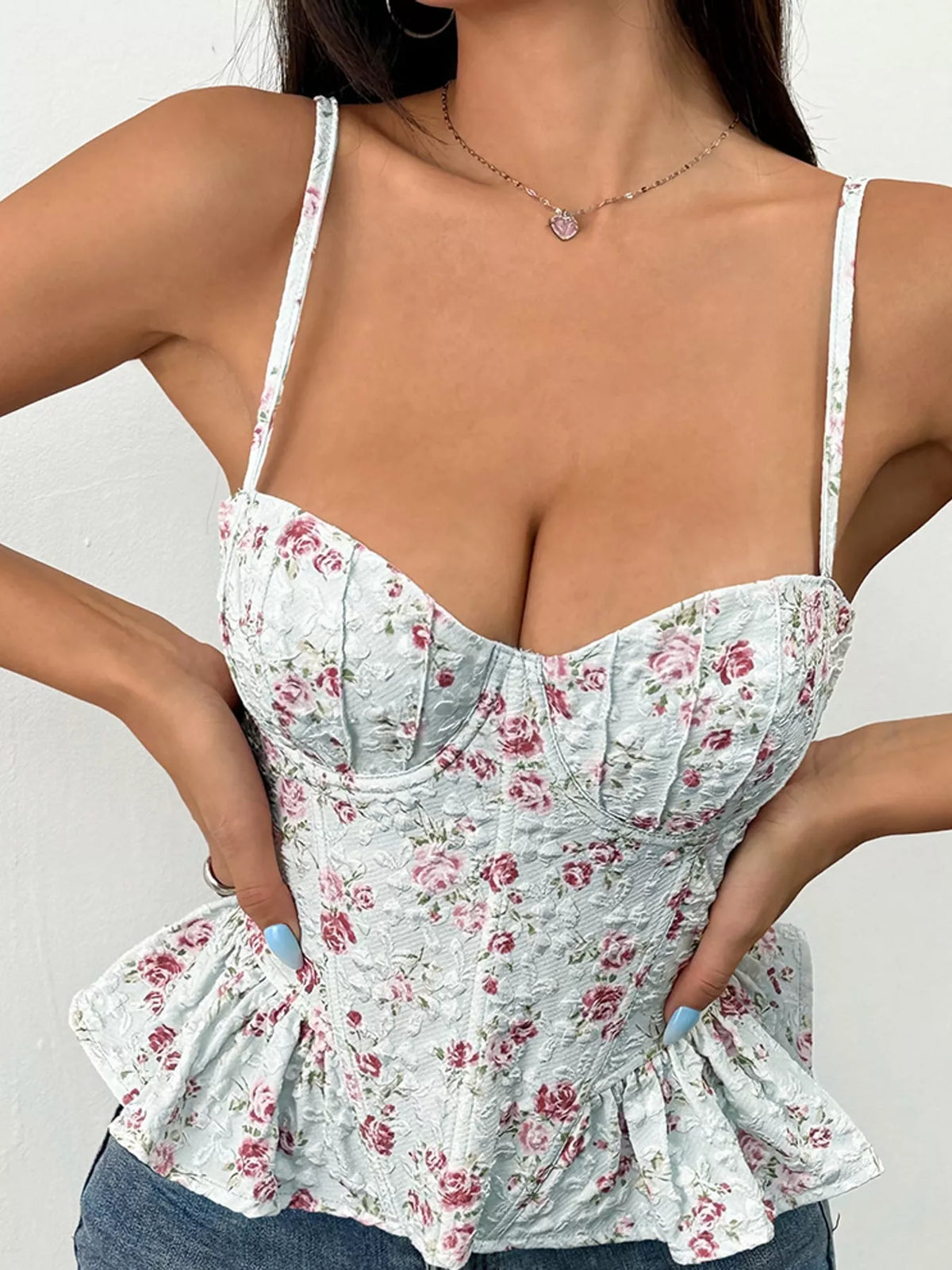 Purple lace up back floral print cami, detail view