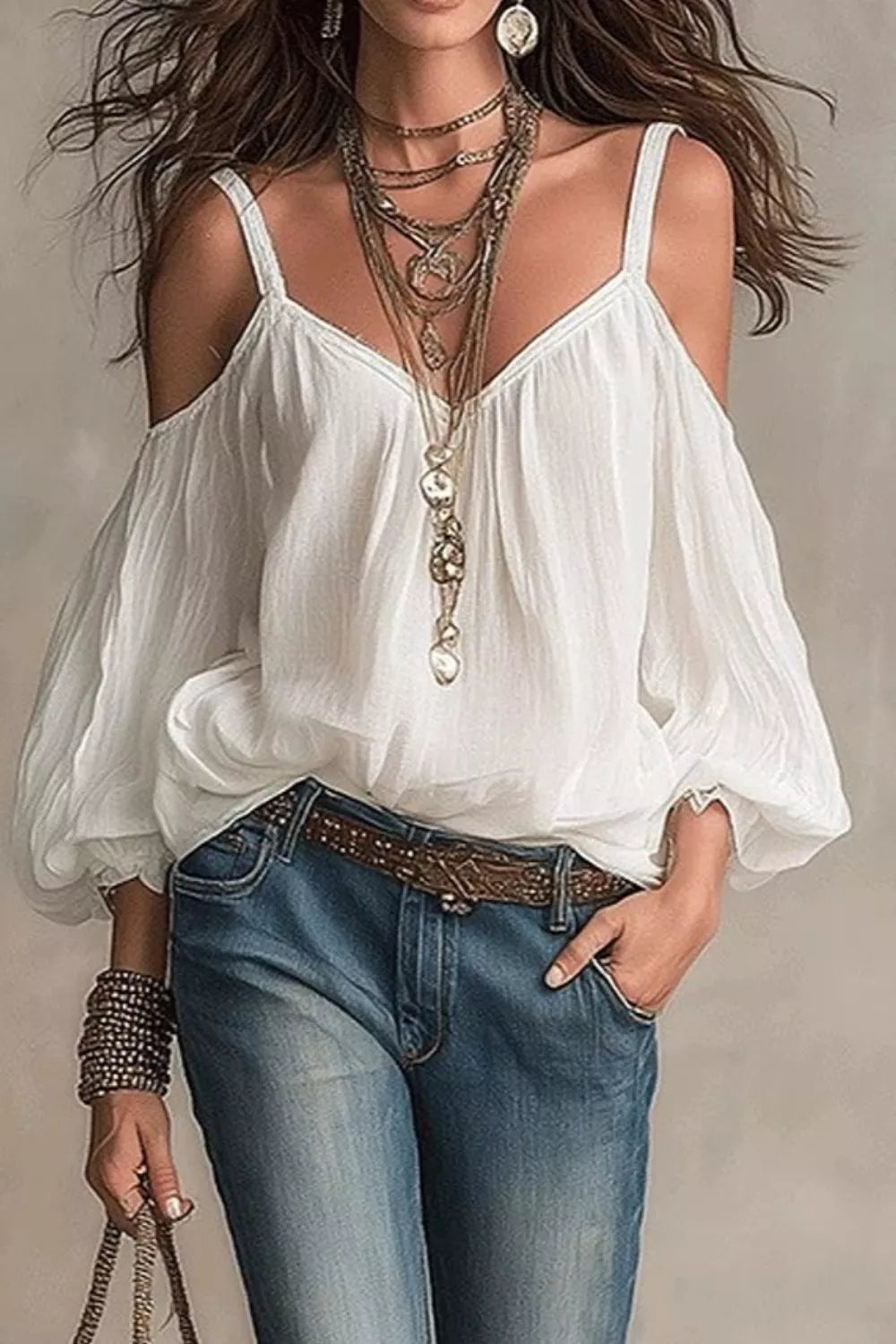 Trendsi Cold Shoulder Balloon Sleeve Blouse -