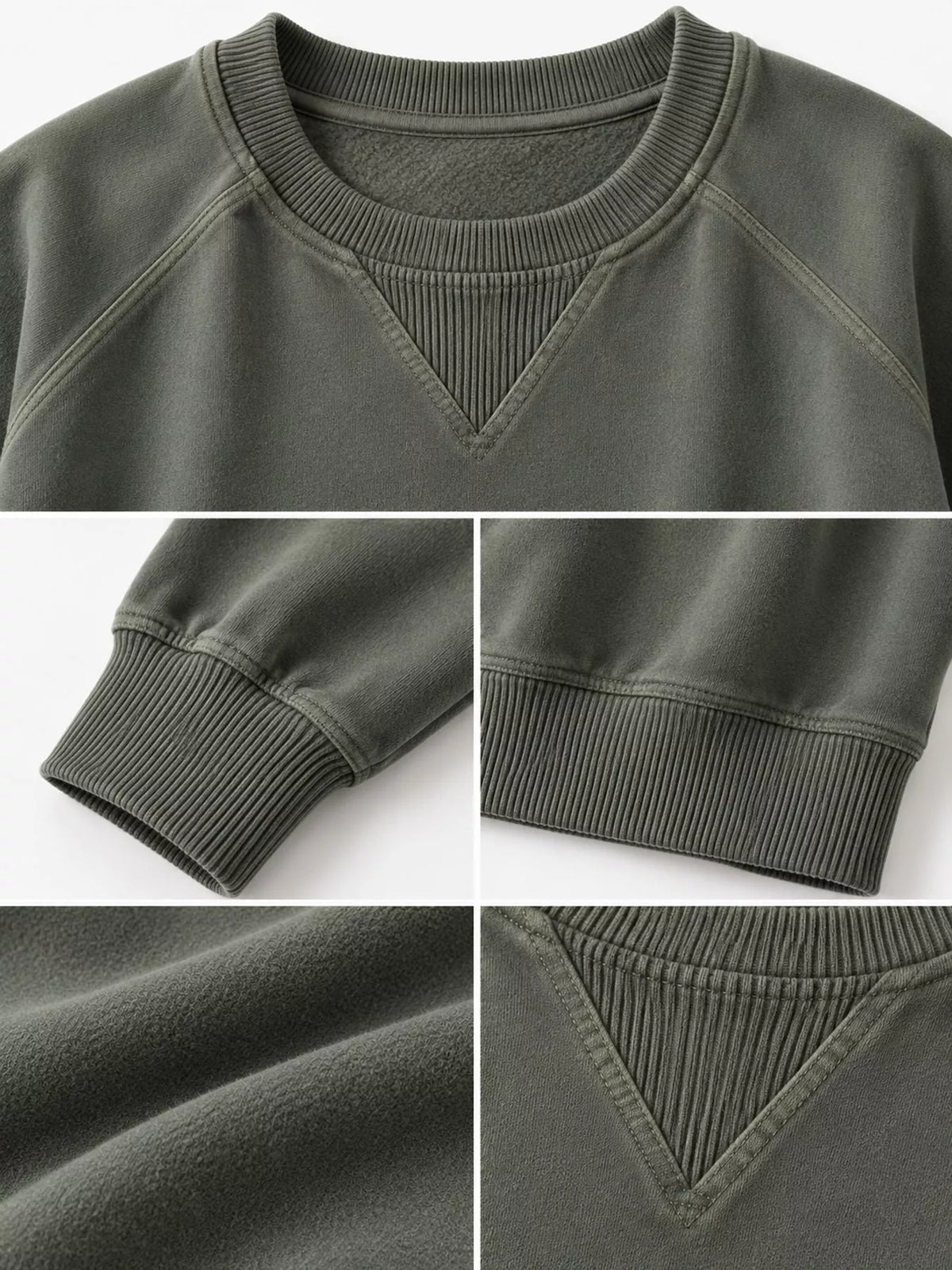 Green crew neck raglan sleeve sweatshirt, neckline, ribbed cuff, and hem
