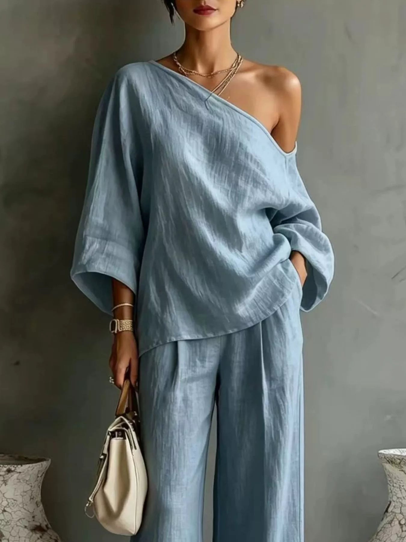 Trendsi One Shoulder Top and Wide Leg Pants Set -