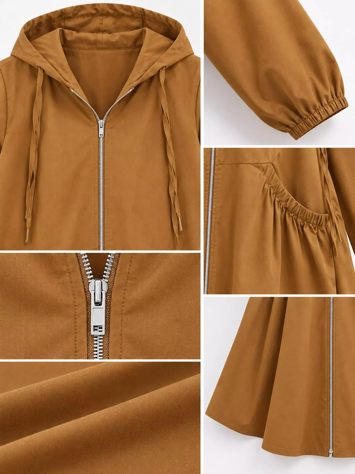 Hooded longline jacket, brown detail collage