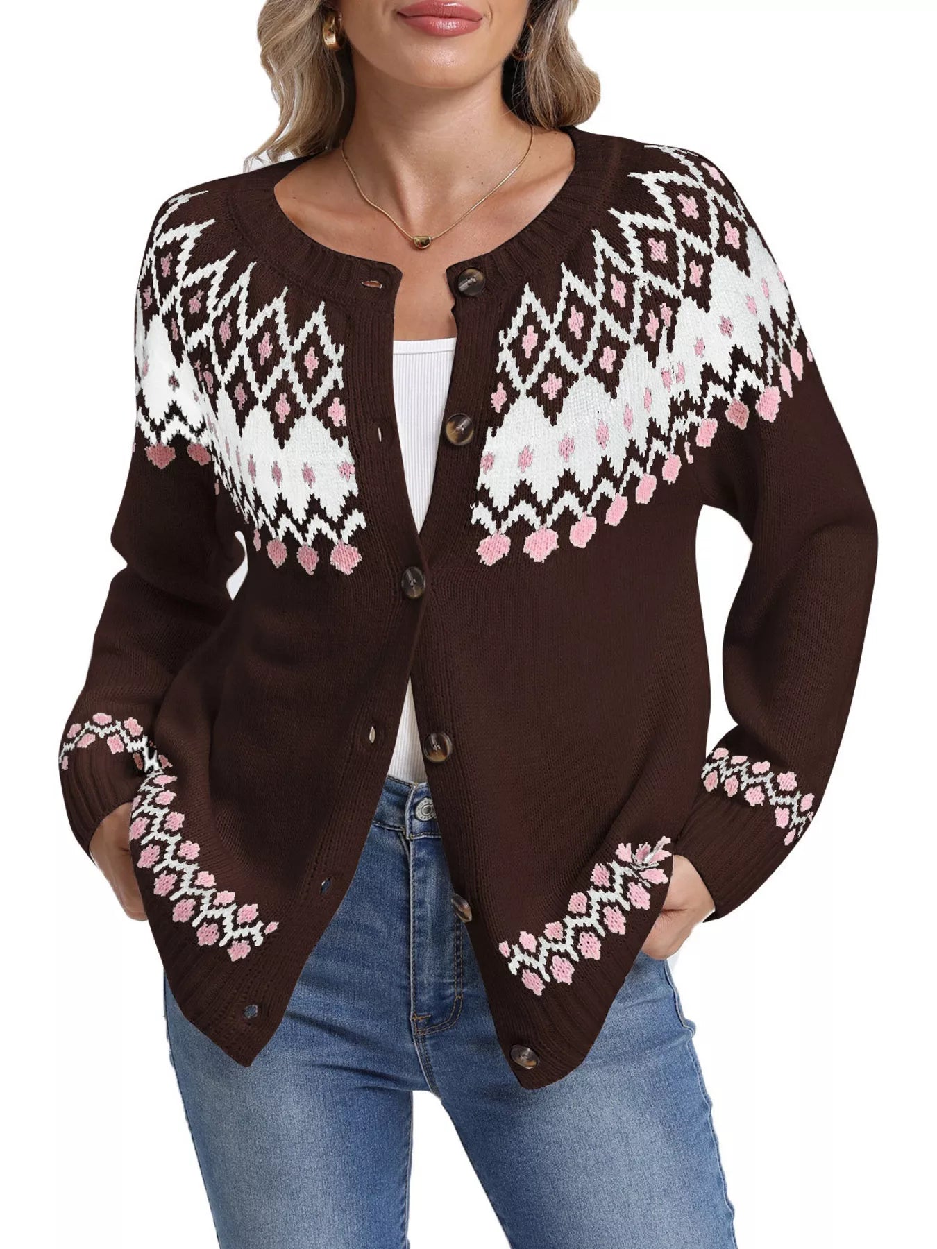 Trendsi Fair Isle Patterned Button-Down Knit Cardigan -