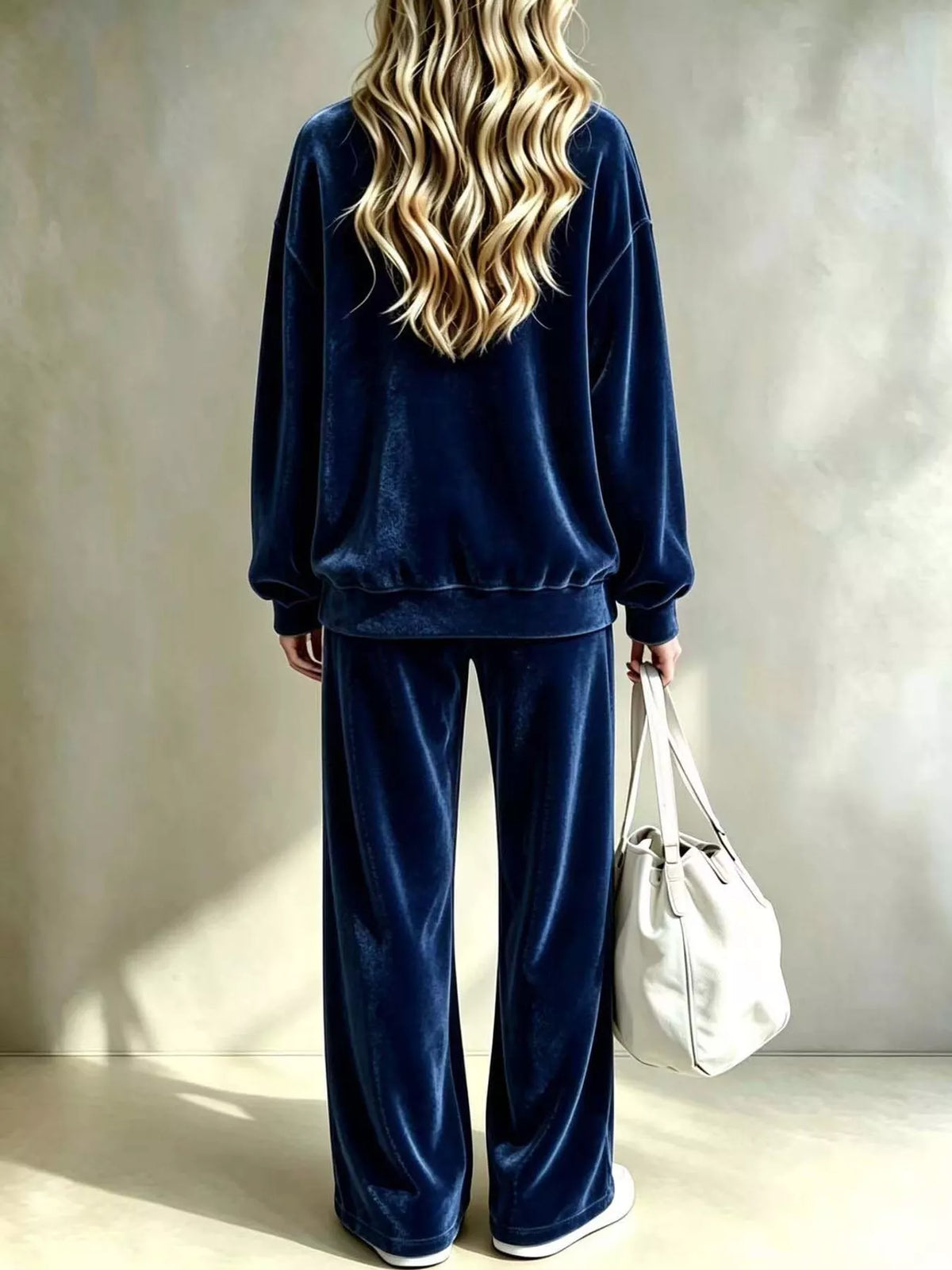 Velour Long Sleeve Top and Wide-Leg Pants Set — back view