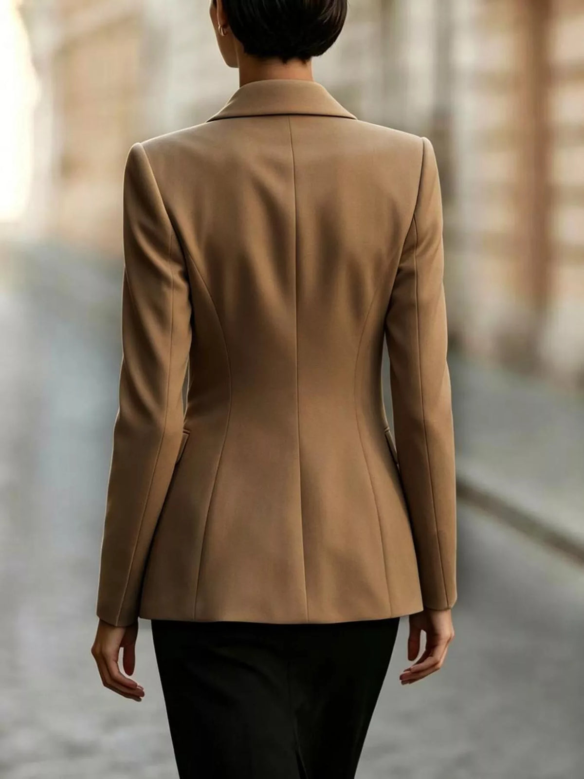 Tie-front lapel collar blazer in brown, back view
