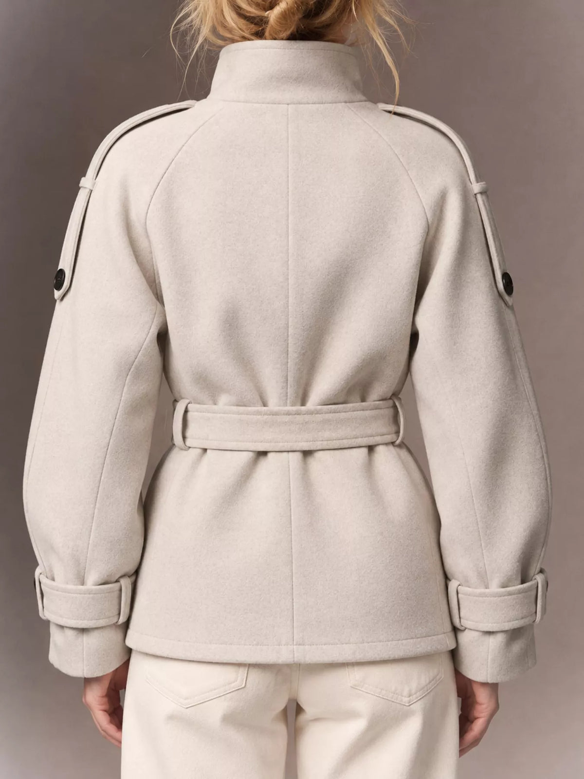 Double-Breasted Belted Coat in ivory, back view