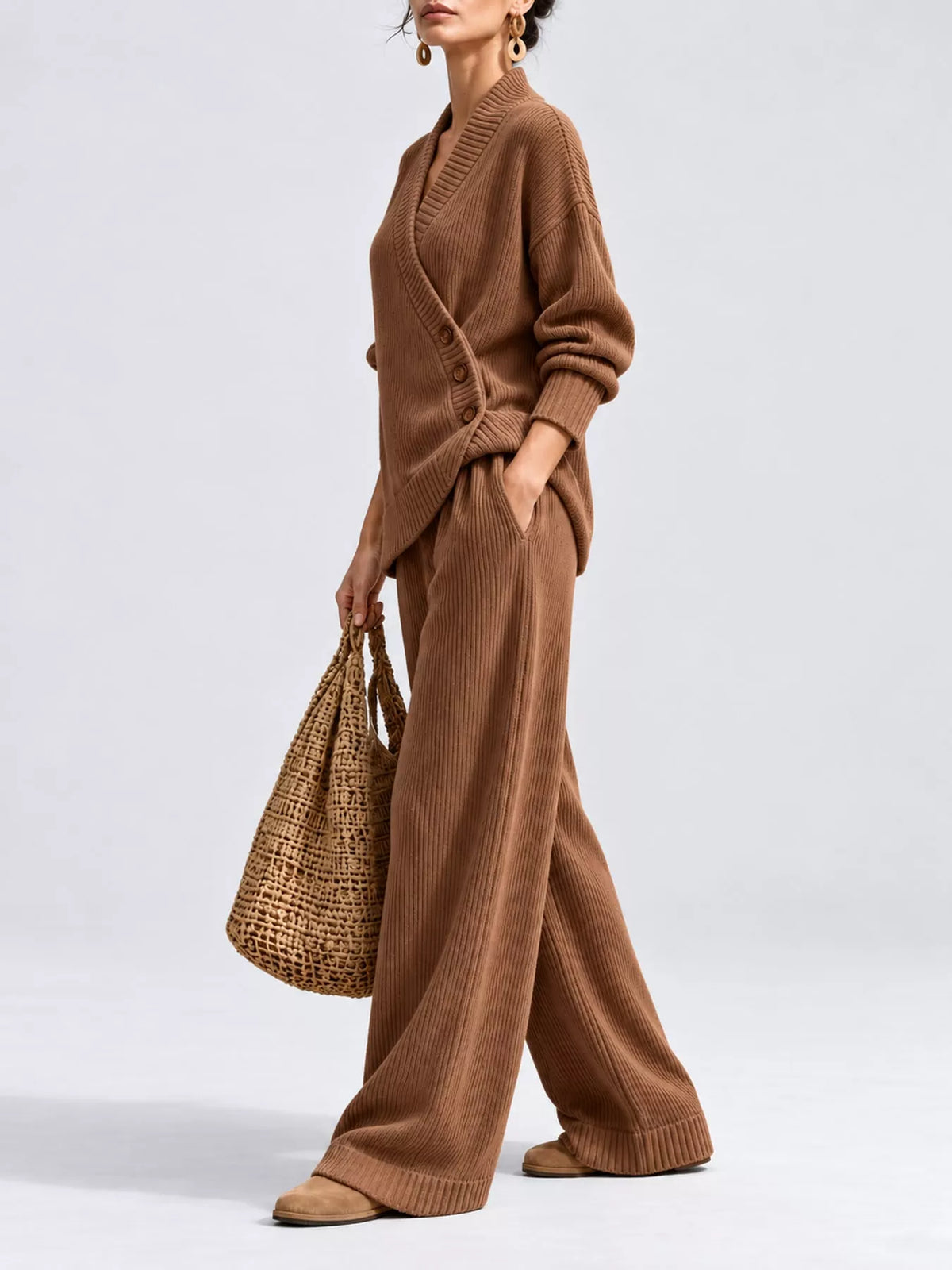 V-Neck Wrap Sweater and Wide-Leg Pants Set — side view