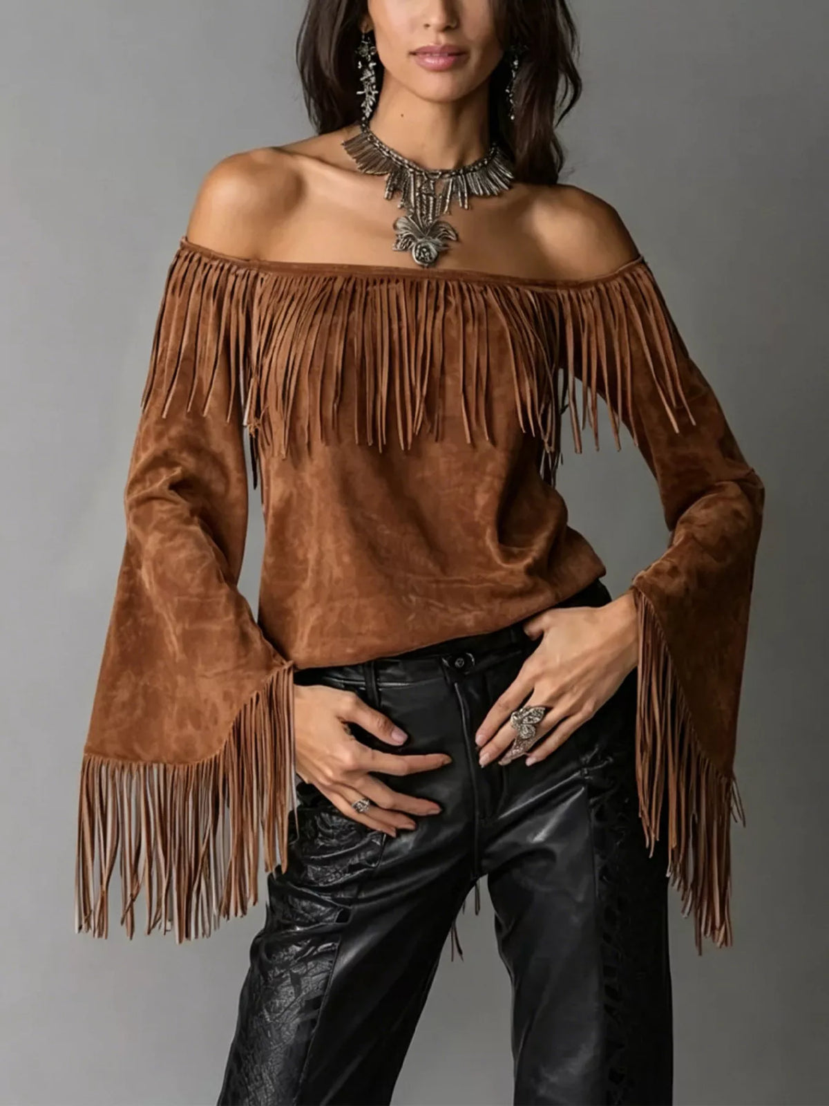 Fringed Off-Shoulder T-Shirt in brown, front view