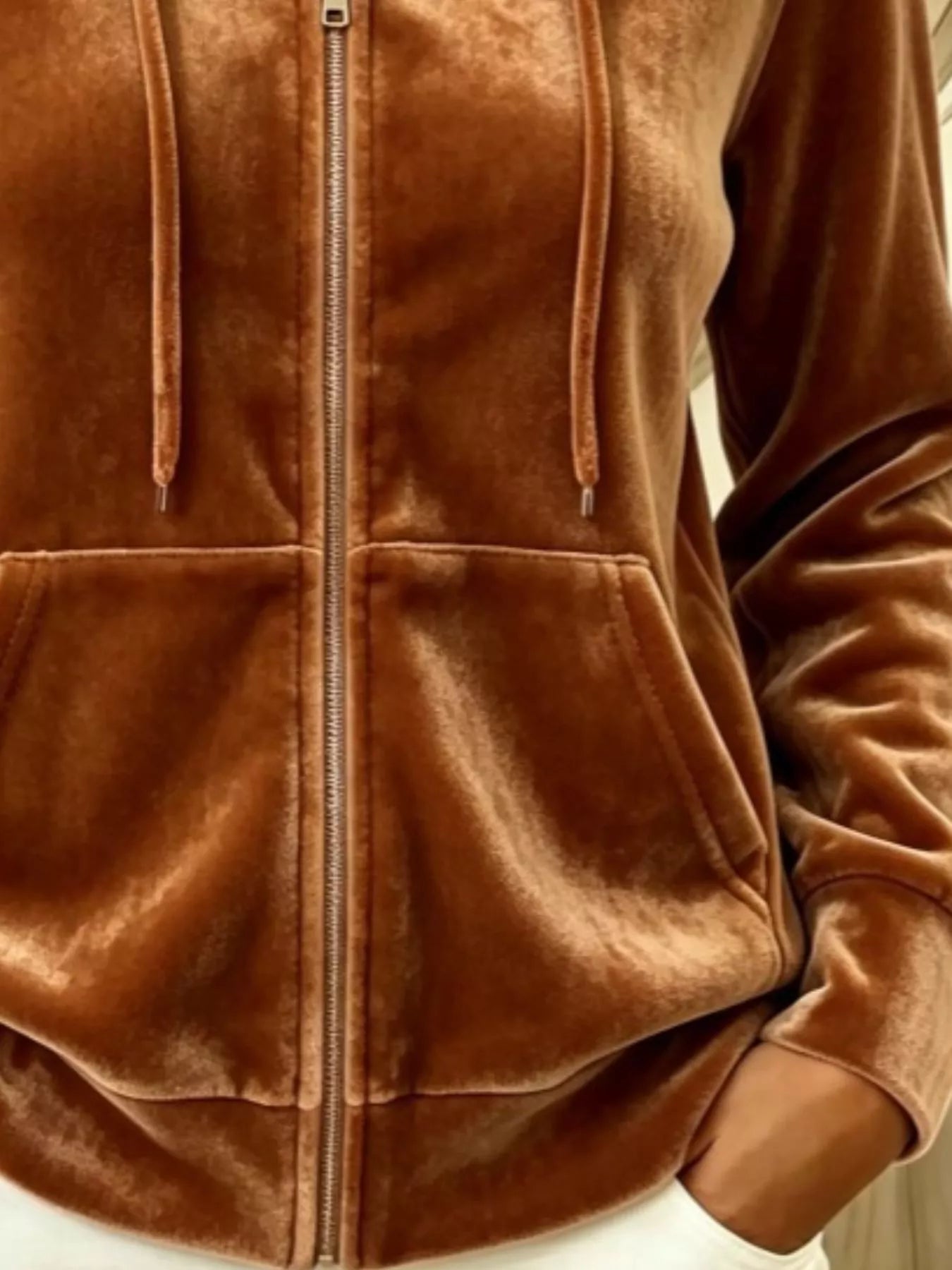 Trendsi Full Size Velvet Zip-Up Outerwear with Drawstring Plus Size -