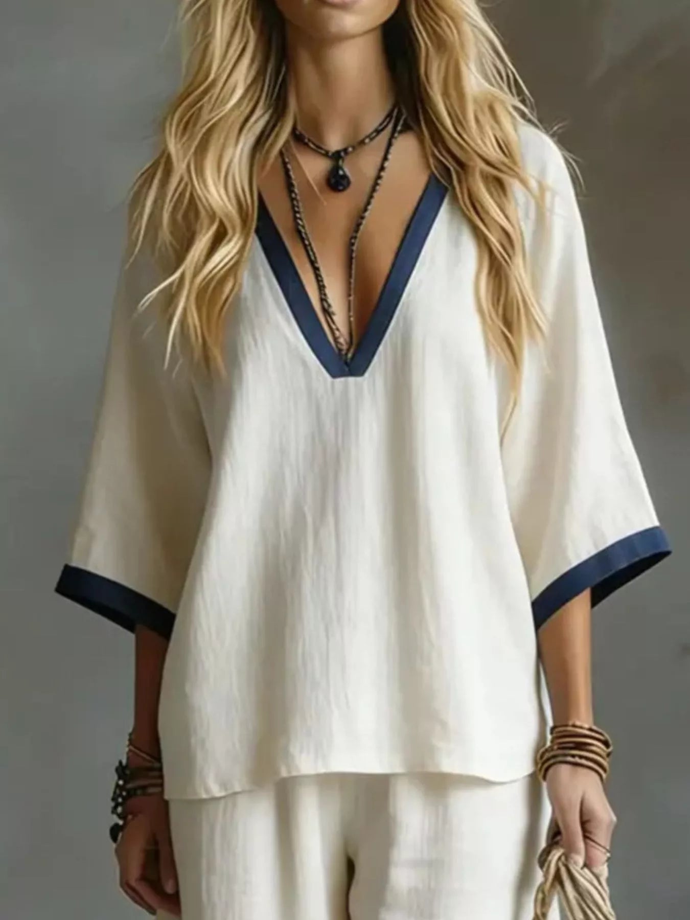 Trendsi Full Size Contrast Trim V-Neck Top and Pants Set Plus Size -