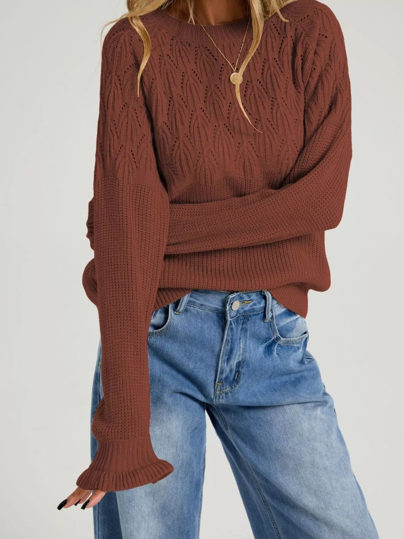 Trendsi Pointelle Knit Round Neck Sweater -