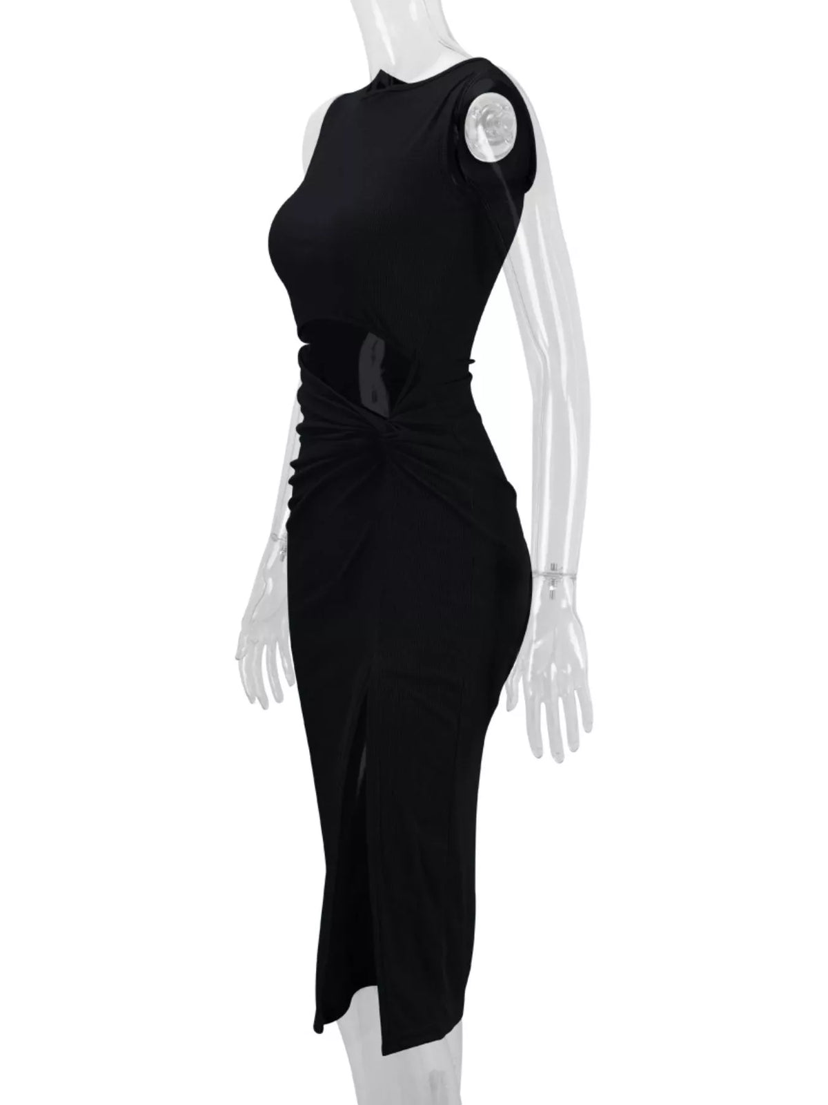 Women's Sleeveless Cut-Out Ruched High-Slit Bodycon Dress in black — mannequin side view