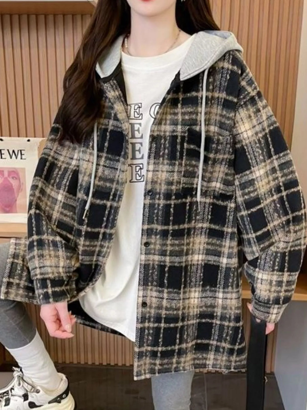 Black plaid button-up hooded shacket