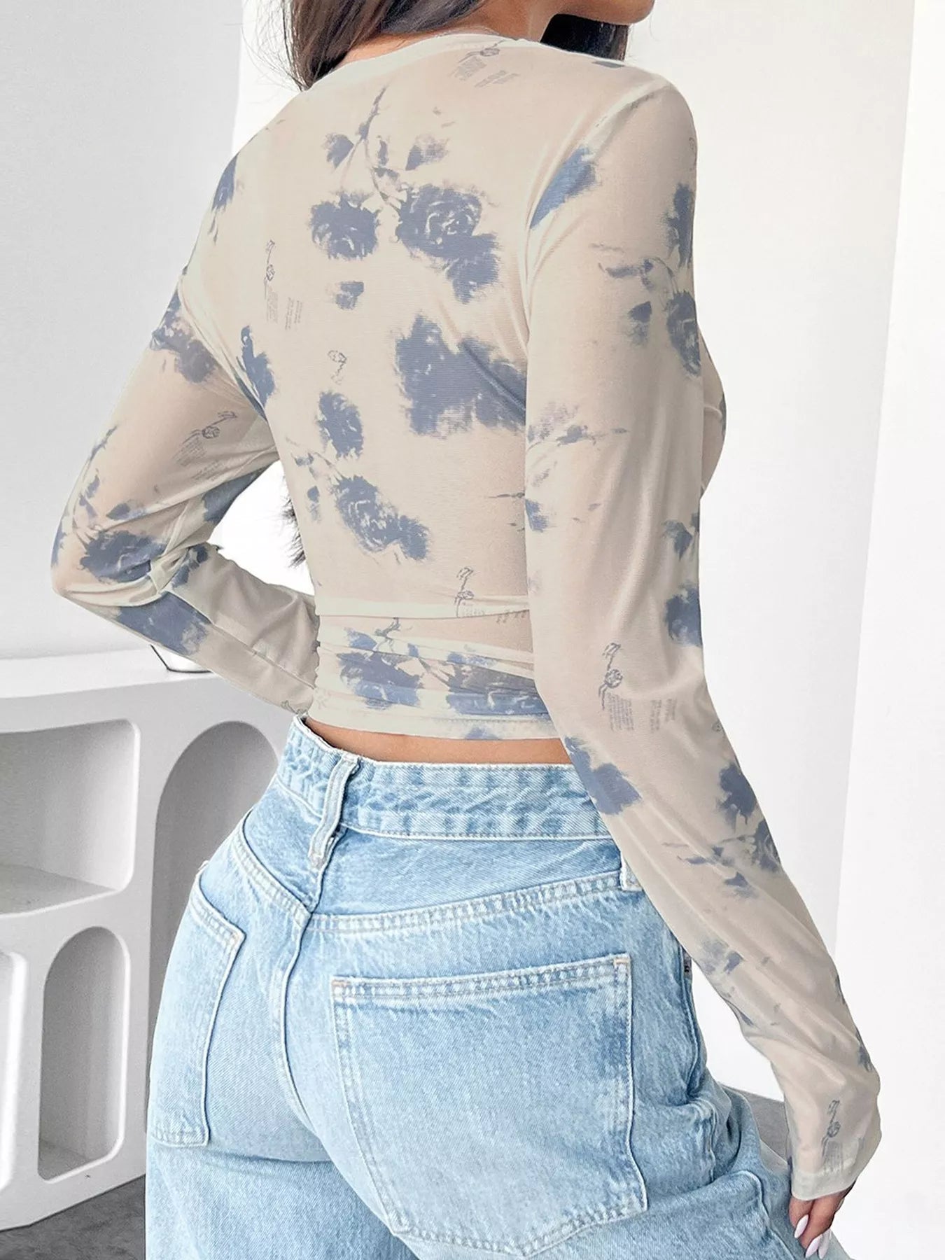 Trendsi Sheer Cloud Print Long Sleeve T-Shirt -